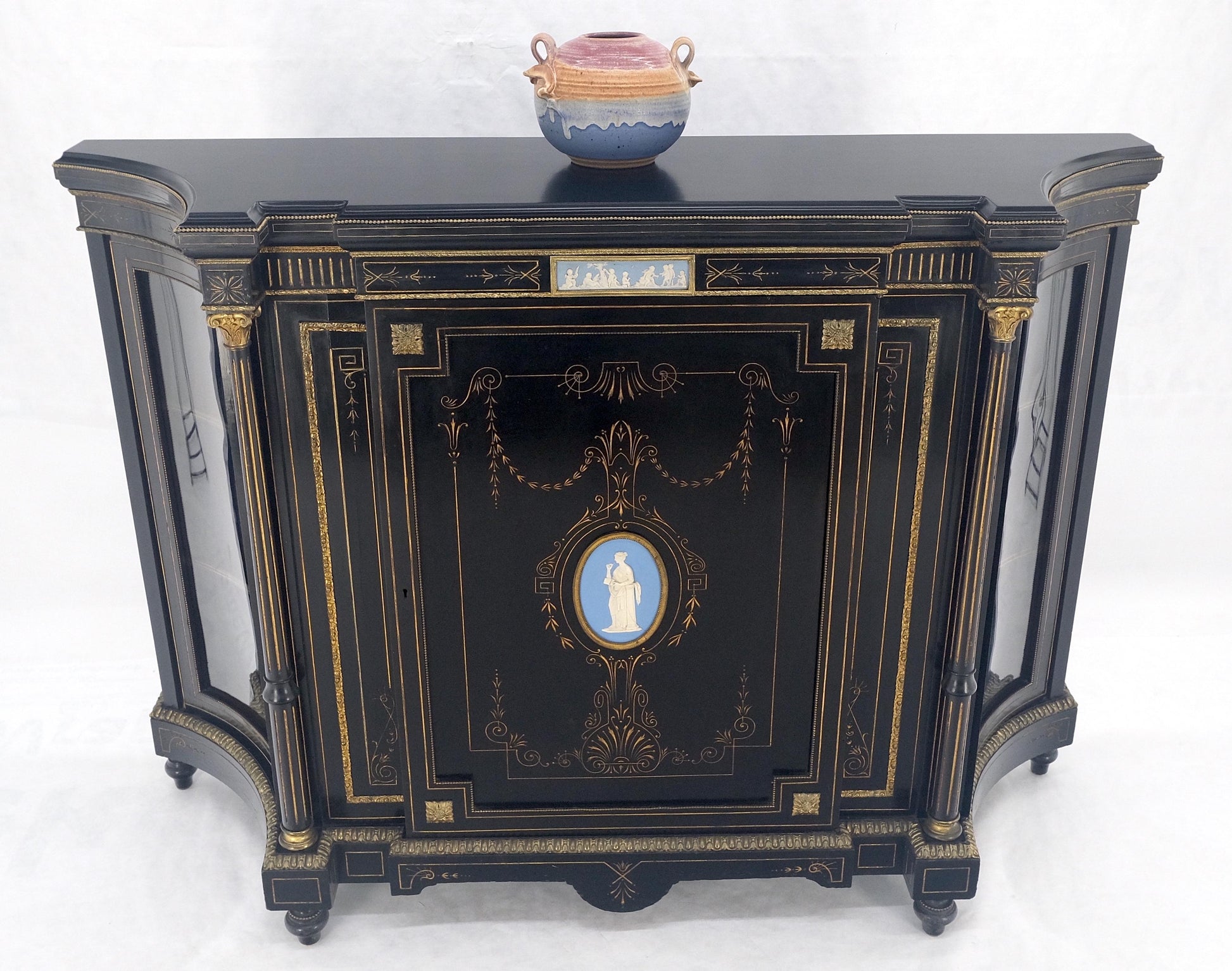 EstablishedLines Napoleon III Wedgewood Plaque Bronze Mounts Black Lacquer French Credenza Server