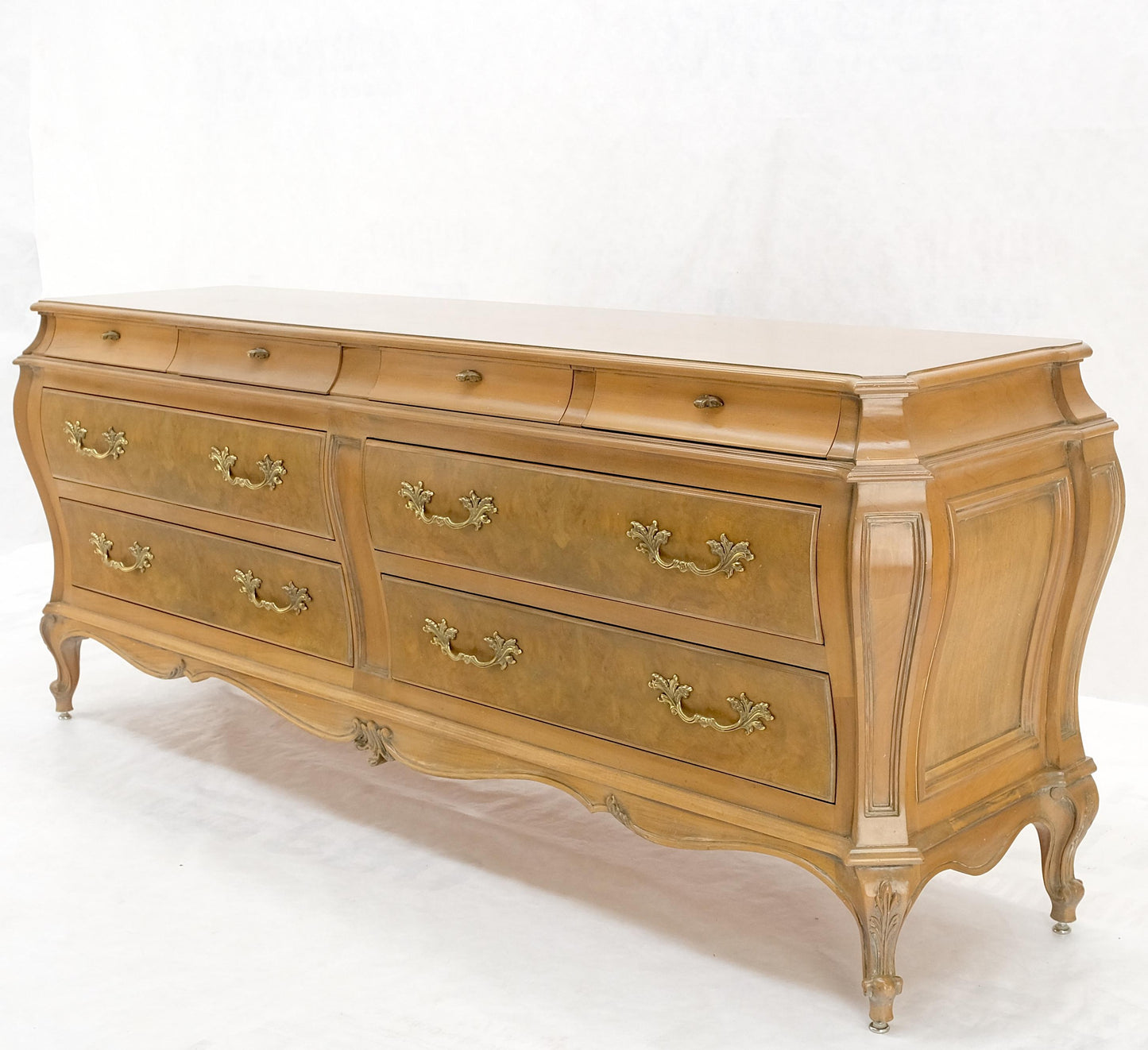 EstablishedLines Long Country French Bombe 8 Drawer White Wash Burl Dresser Credenza Solid & Mint