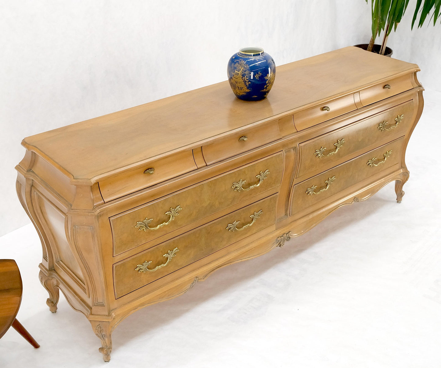 EstablishedLines Long Country French Bombe 8 Drawer White Wash Burl Dresser Credenza Solid & Mint