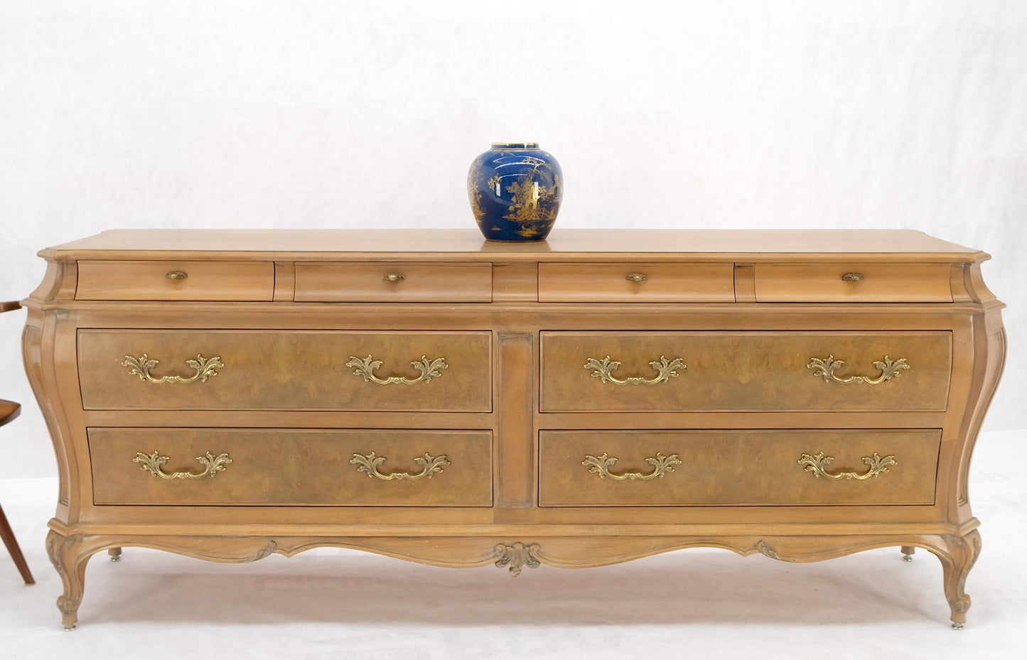 EstablishedLines Long Country French Bombe 8 Drawer White Wash Burl Dresser Credenza Solid & Mint