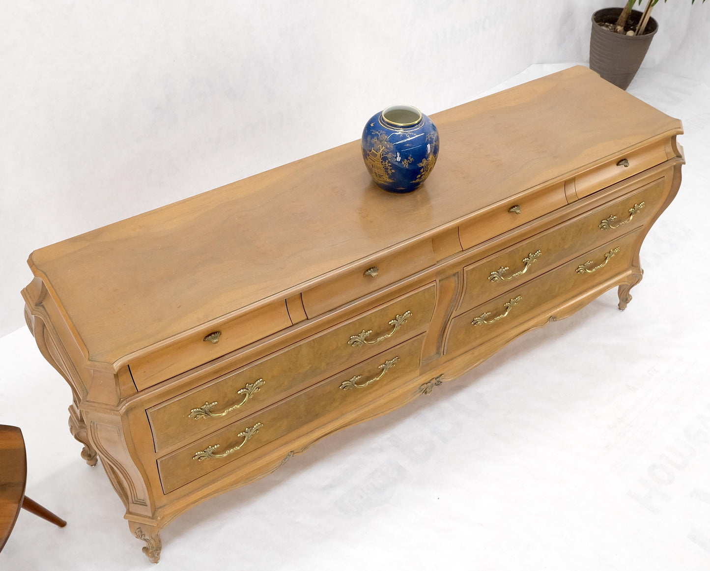 EstablishedLines Long Country French Bombe 8 Drawer White Wash Burl Dresser Credenza Solid & Mint