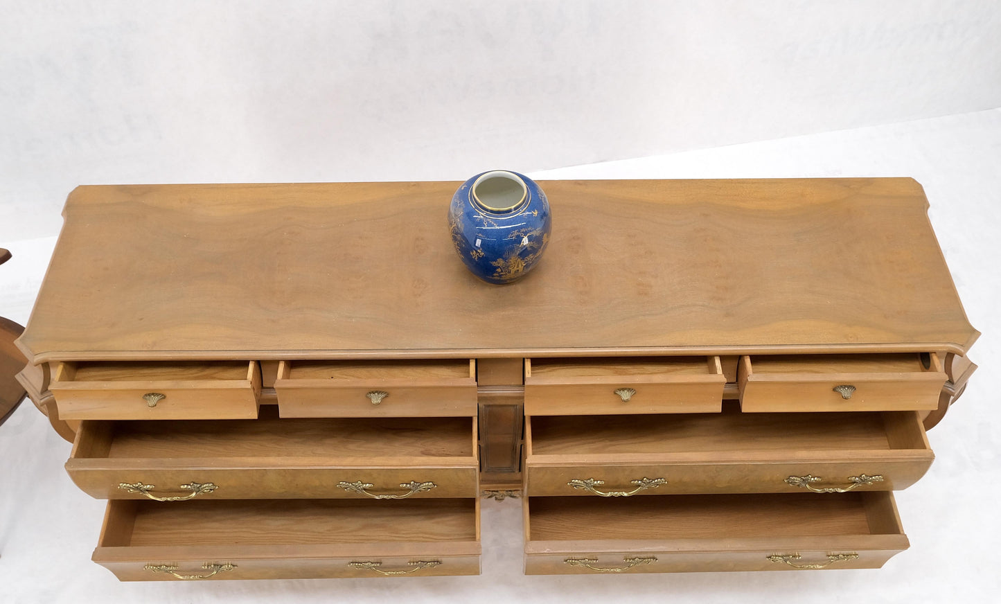 EstablishedLines Long Country French Bombe 8 Drawer White Wash Burl Dresser Credenza Solid & Mint