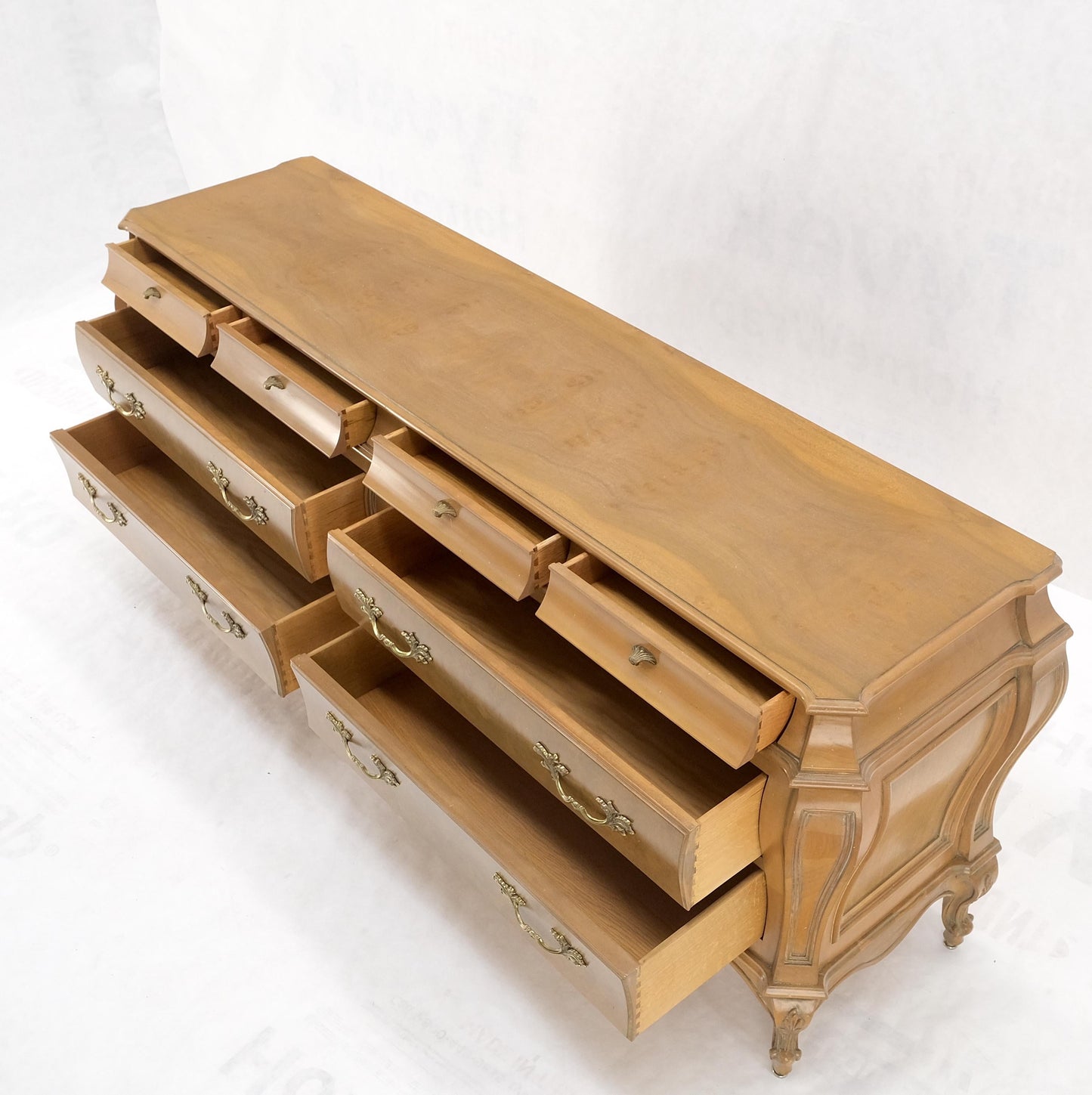 EstablishedLines Long Country French Bombe 8 Drawer White Wash Burl Dresser Credenza Solid & Mint