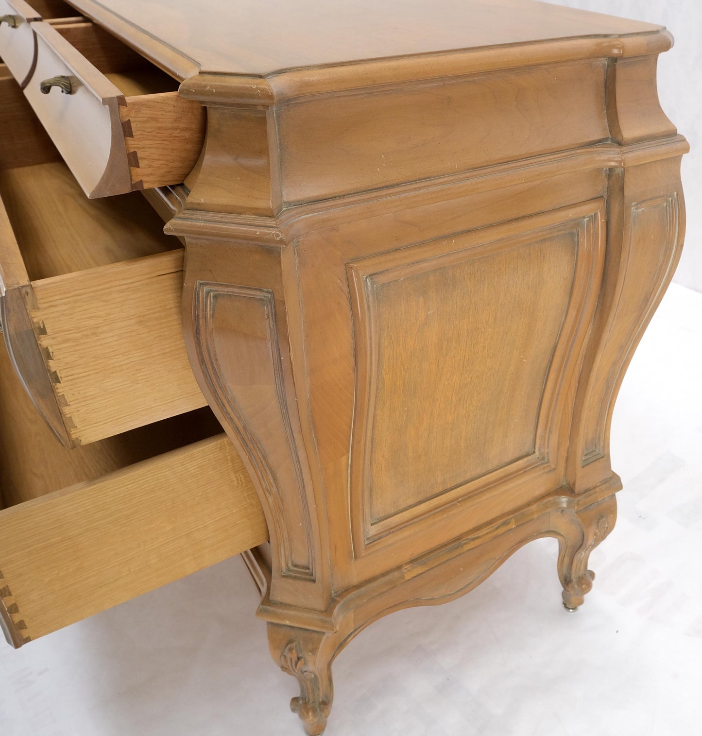 EstablishedLines Long Country French Bombe 8 Drawer White Wash Burl Dresser Credenza Solid & Mint