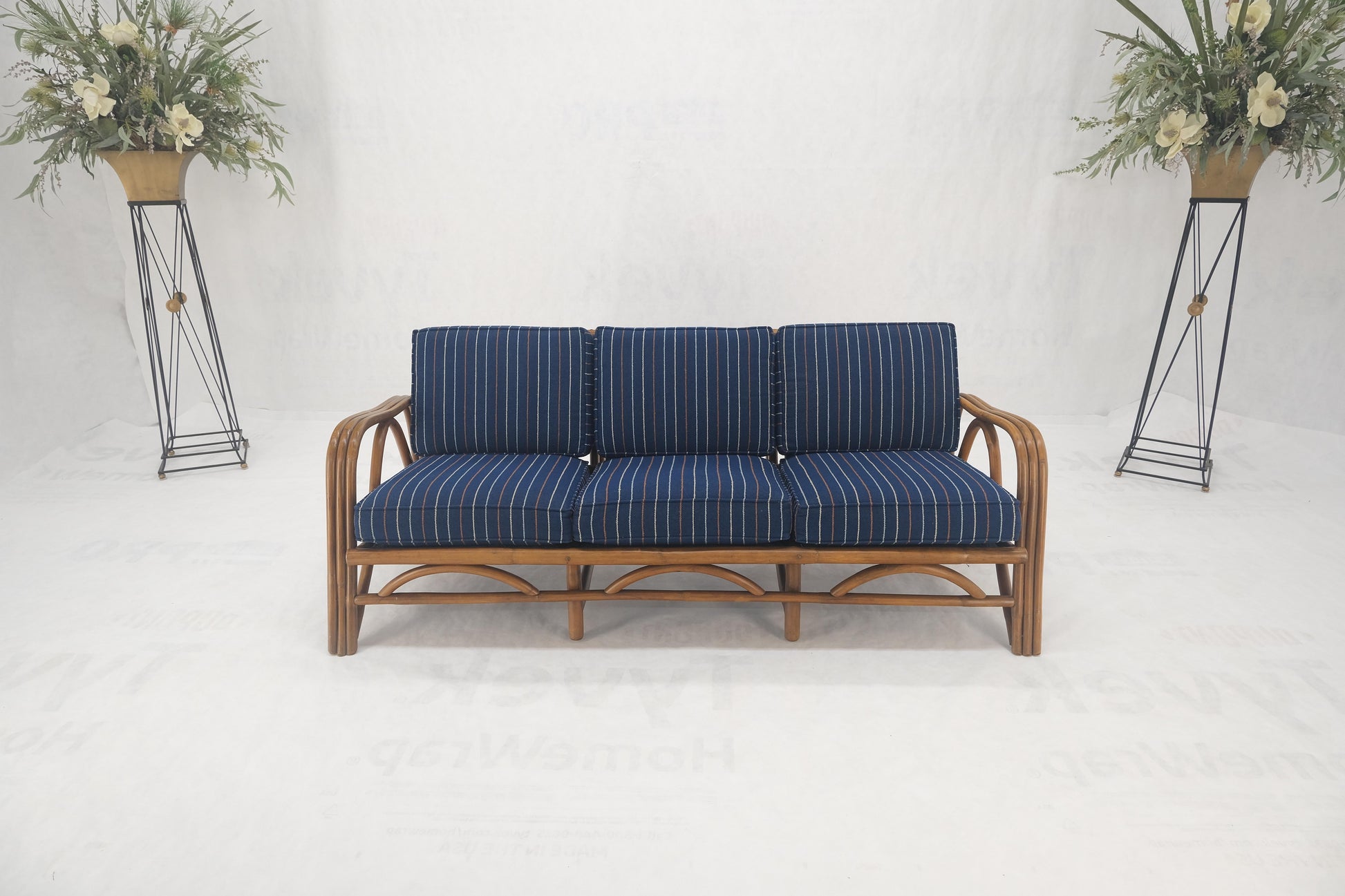 EstablishedLines 1970s Striped Blue Upholstery Bamboo Frame Mid Century Modern Sofa MINT!
