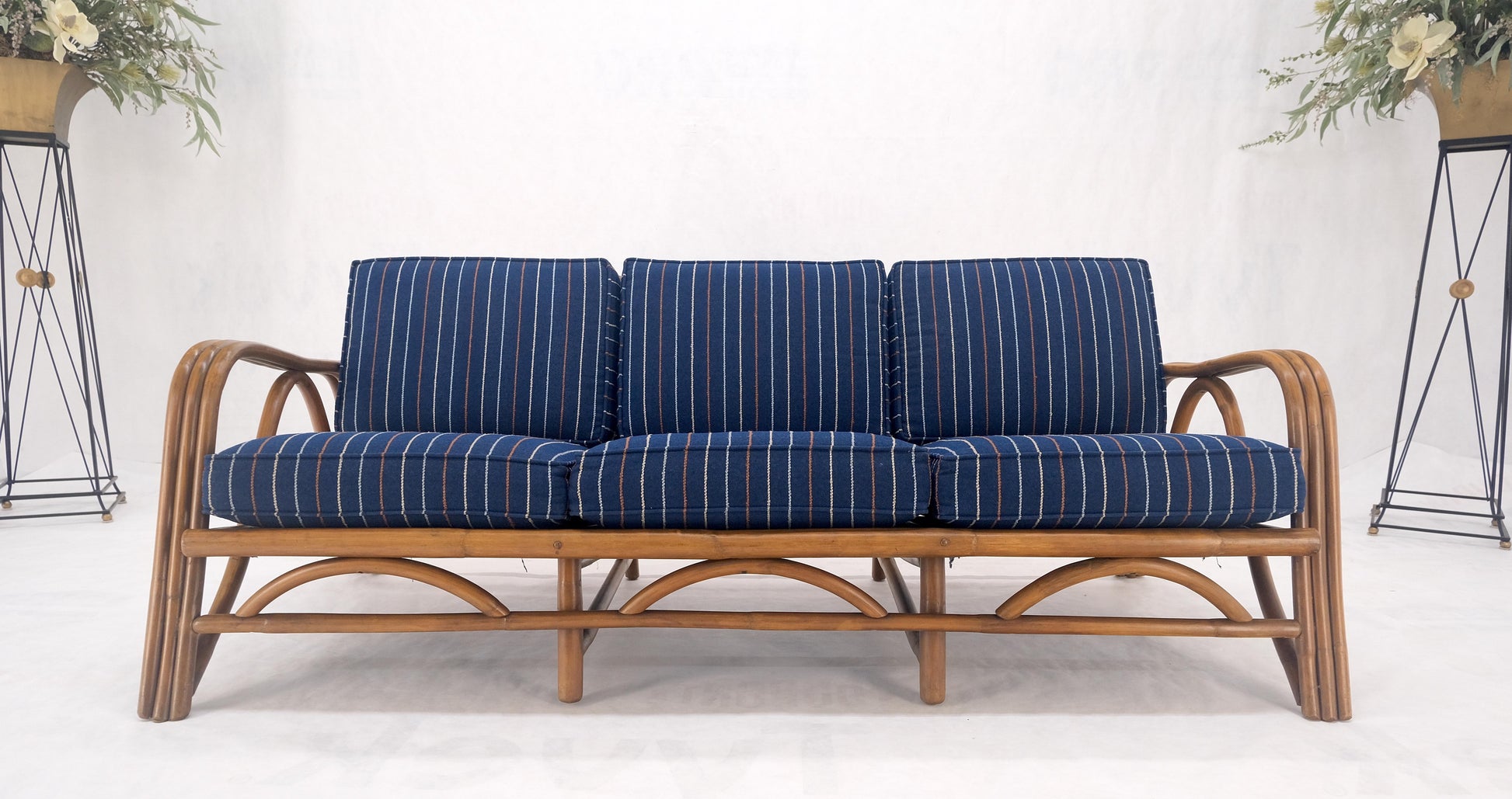 EstablishedLines 1970s Striped Blue Upholstery Bamboo Frame Mid Century Modern Sofa MINT!
