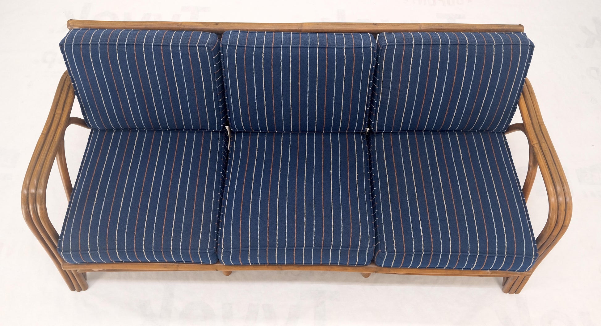 EstablishedLines 1970s Striped Blue Upholstery Bamboo Frame Mid Century Modern Sofa MINT!