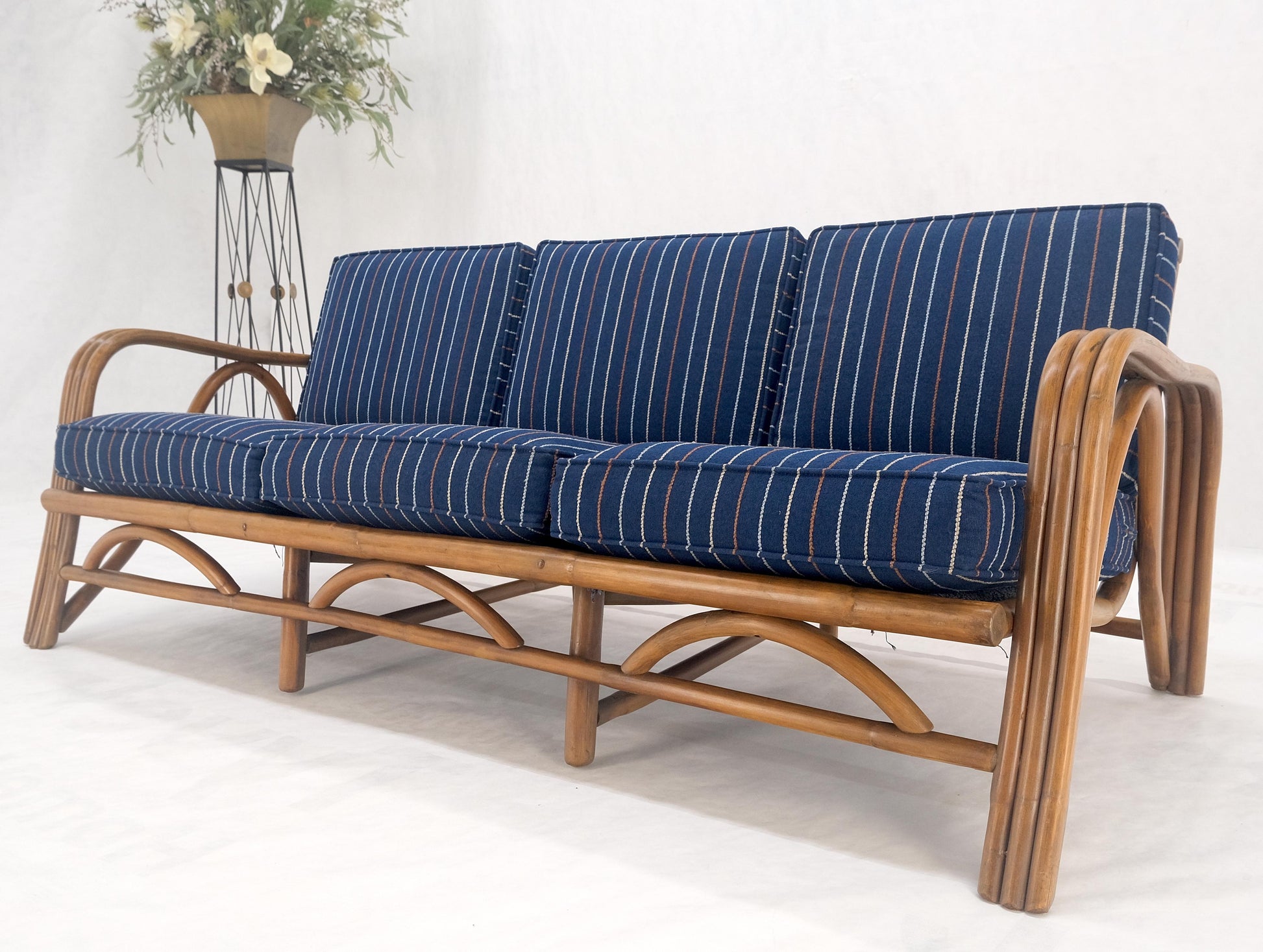 EstablishedLines 1970s Striped Blue Upholstery Bamboo Frame Mid Century Modern Sofa MINT!