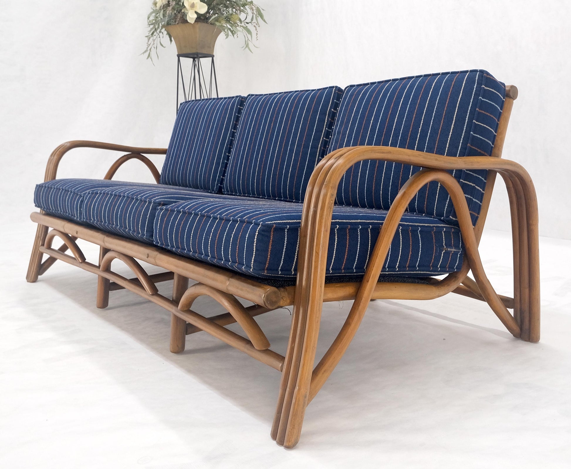 EstablishedLines 1970s Striped Blue Upholstery Bamboo Frame Mid Century Modern Sofa MINT!