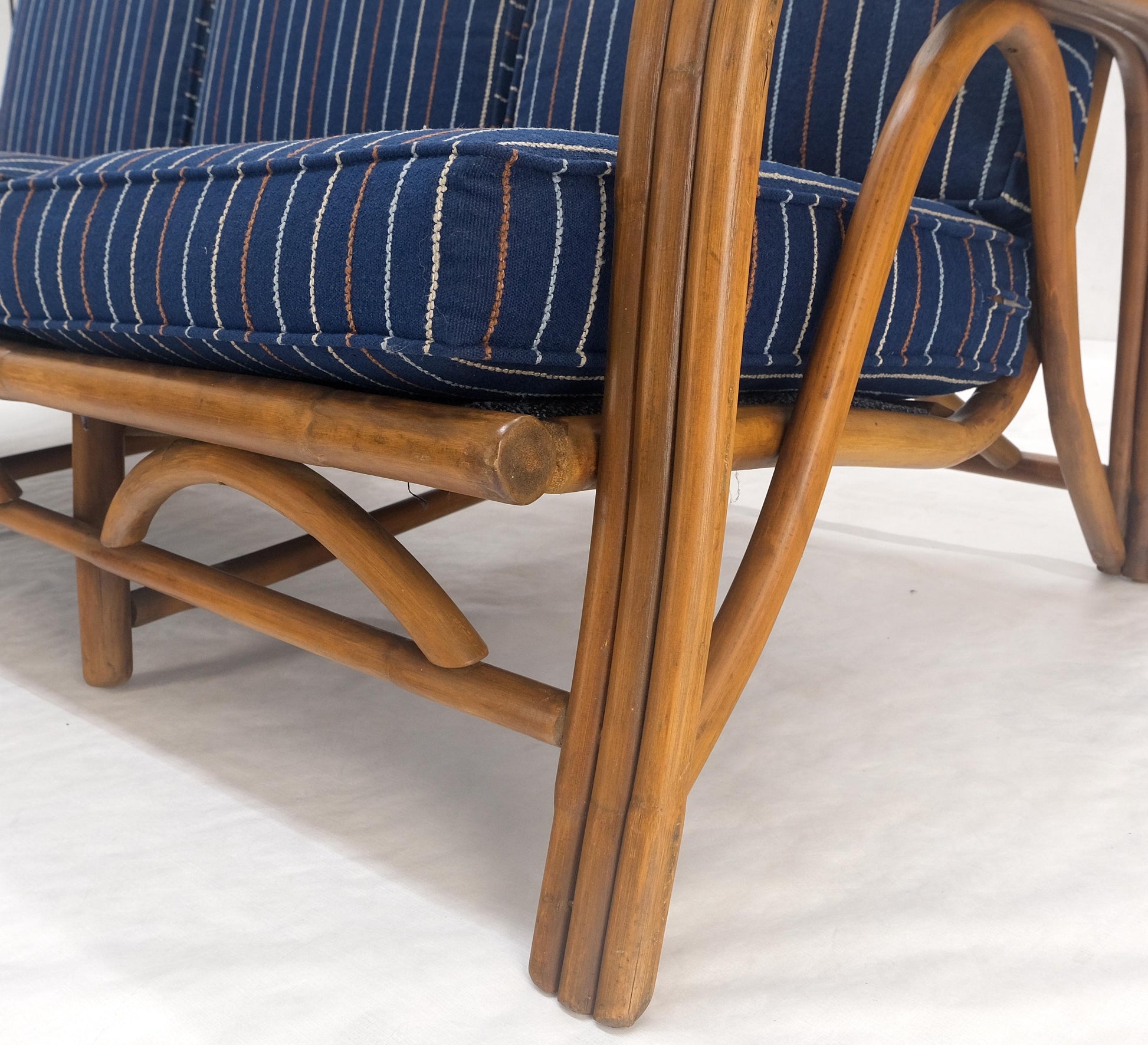 EstablishedLines 1970s Striped Blue Upholstery Bamboo Frame Mid Century Modern Sofa MINT!