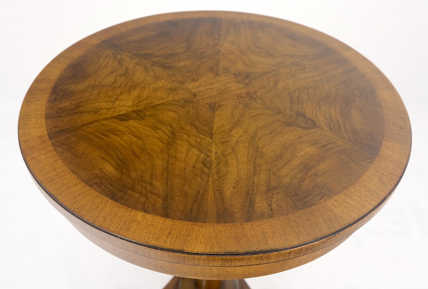 EstablishedLines John Widdicomb Very Fine Burl Wood Round Top Triangle Base Side End Table Stand