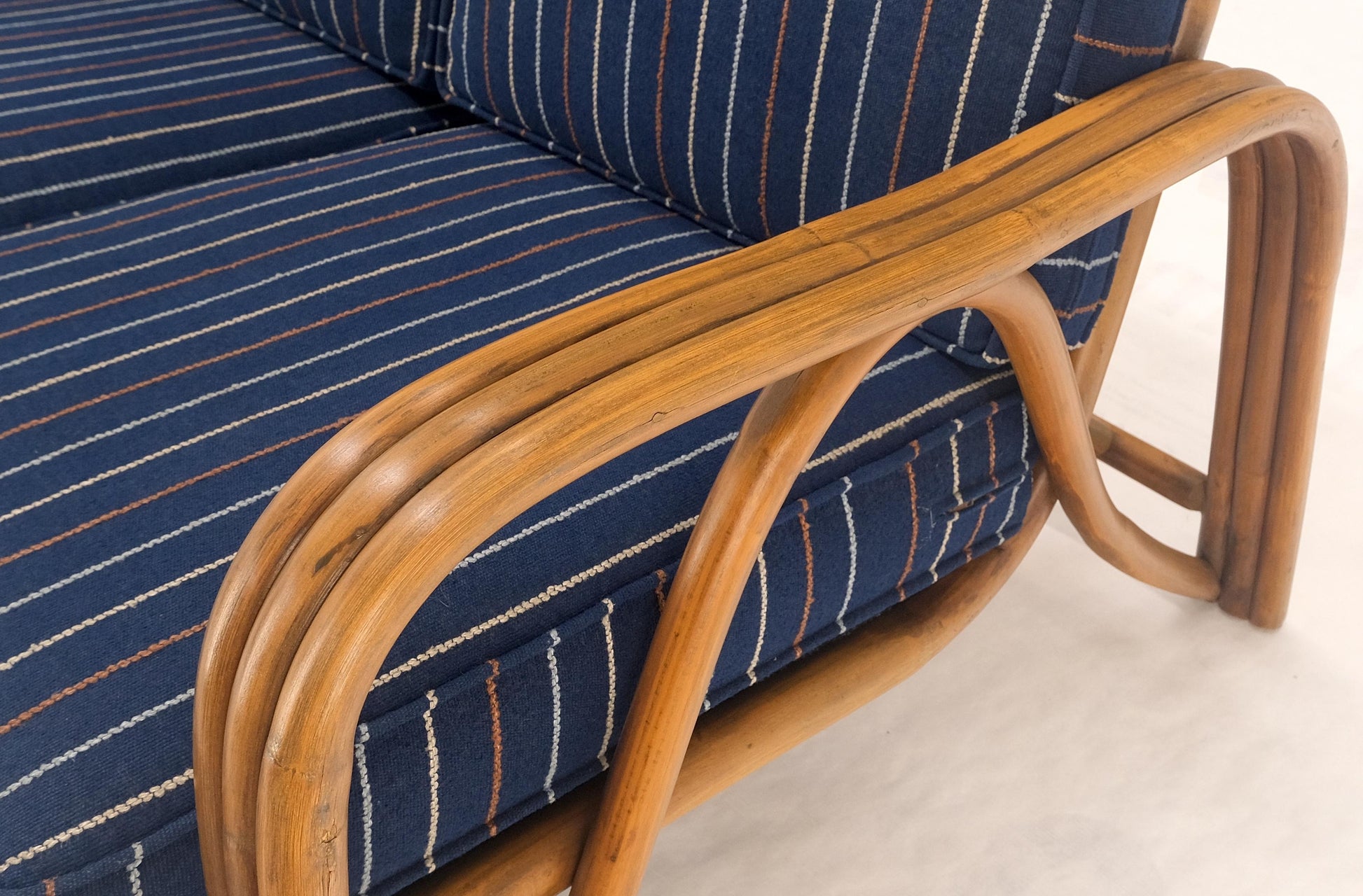 EstablishedLines 1970s Striped Blue Upholstery Bamboo Frame Mid Century Modern Sofa MINT!