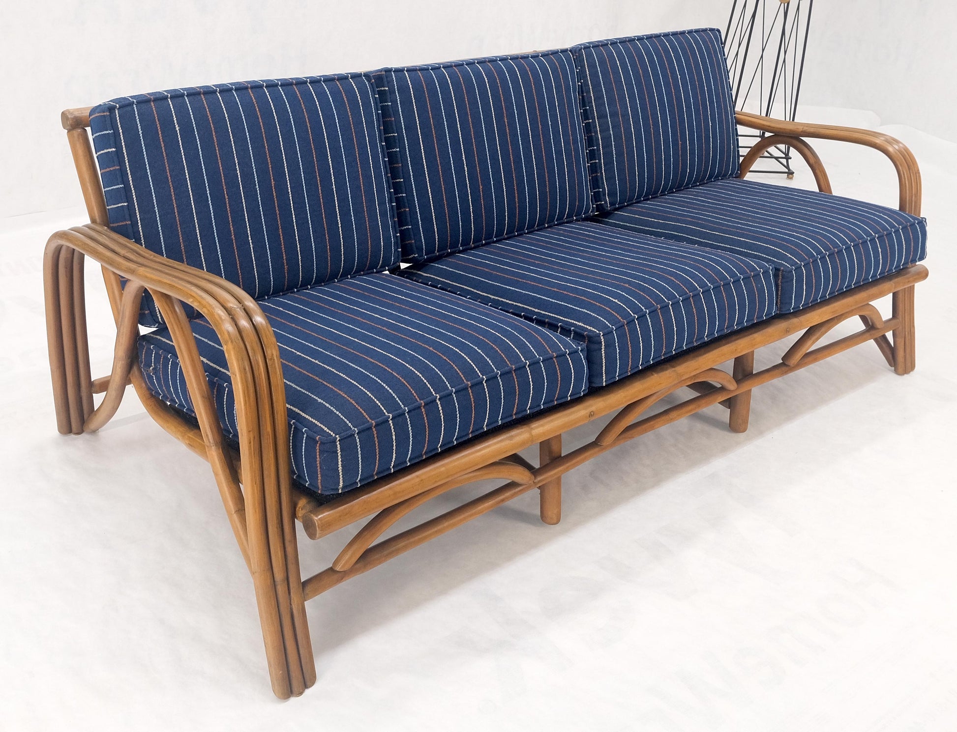 EstablishedLines 1970s Striped Blue Upholstery Bamboo Frame Mid Century Modern Sofa MINT!