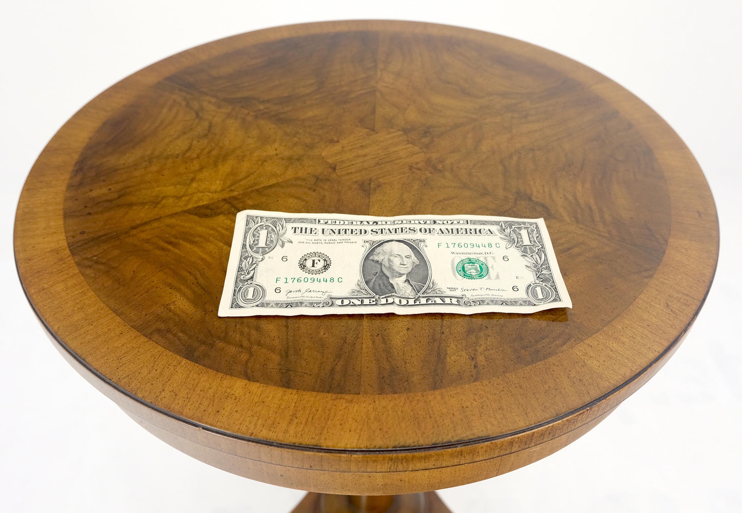EstablishedLines John Widdicomb Very Fine Burl Wood Round Top Triangle Base Side End Table Stand