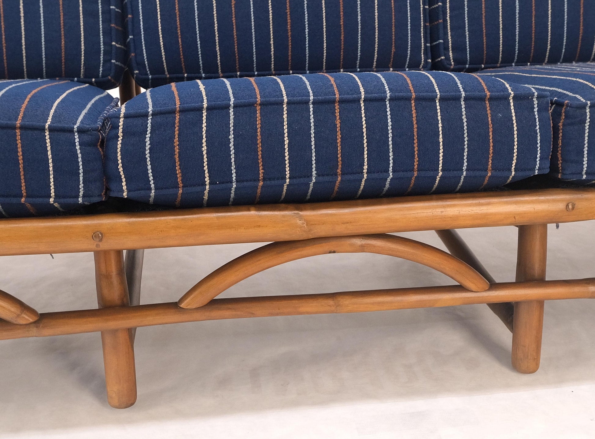EstablishedLines 1970s Striped Blue Upholstery Bamboo Frame Mid Century Modern Sofa MINT!