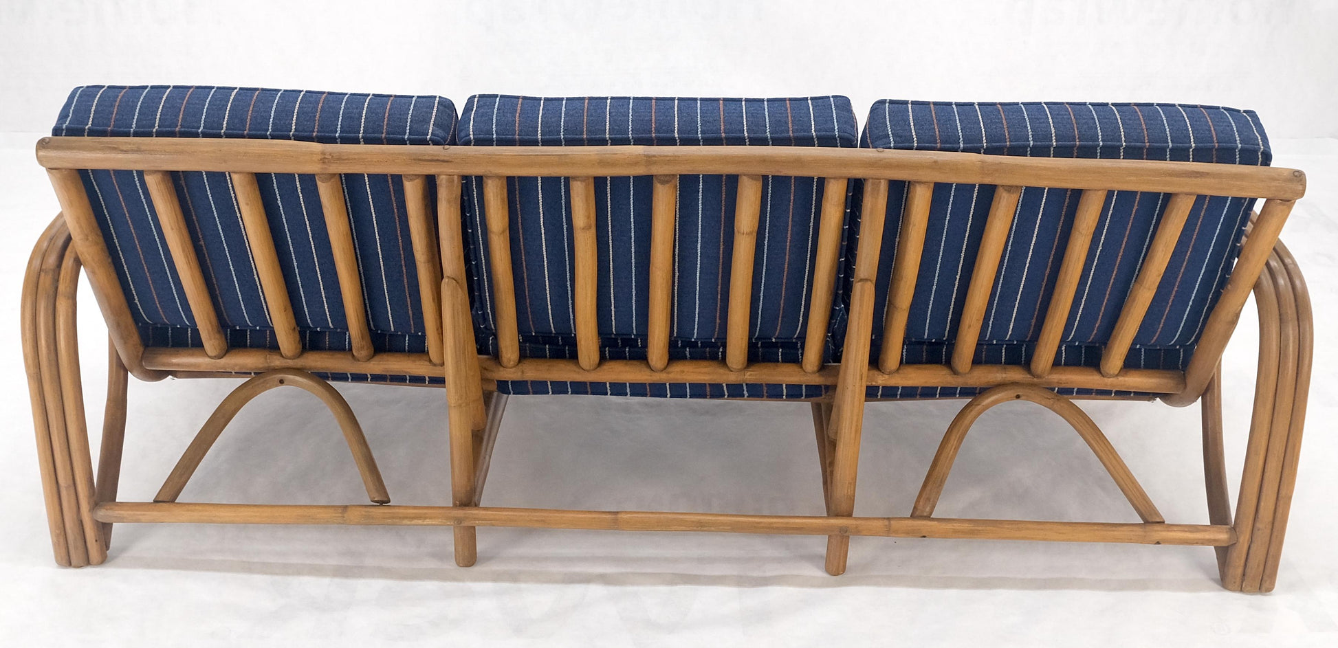 EstablishedLines 1970s Striped Blue Upholstery Bamboo Frame Mid Century Modern Sofa MINT!