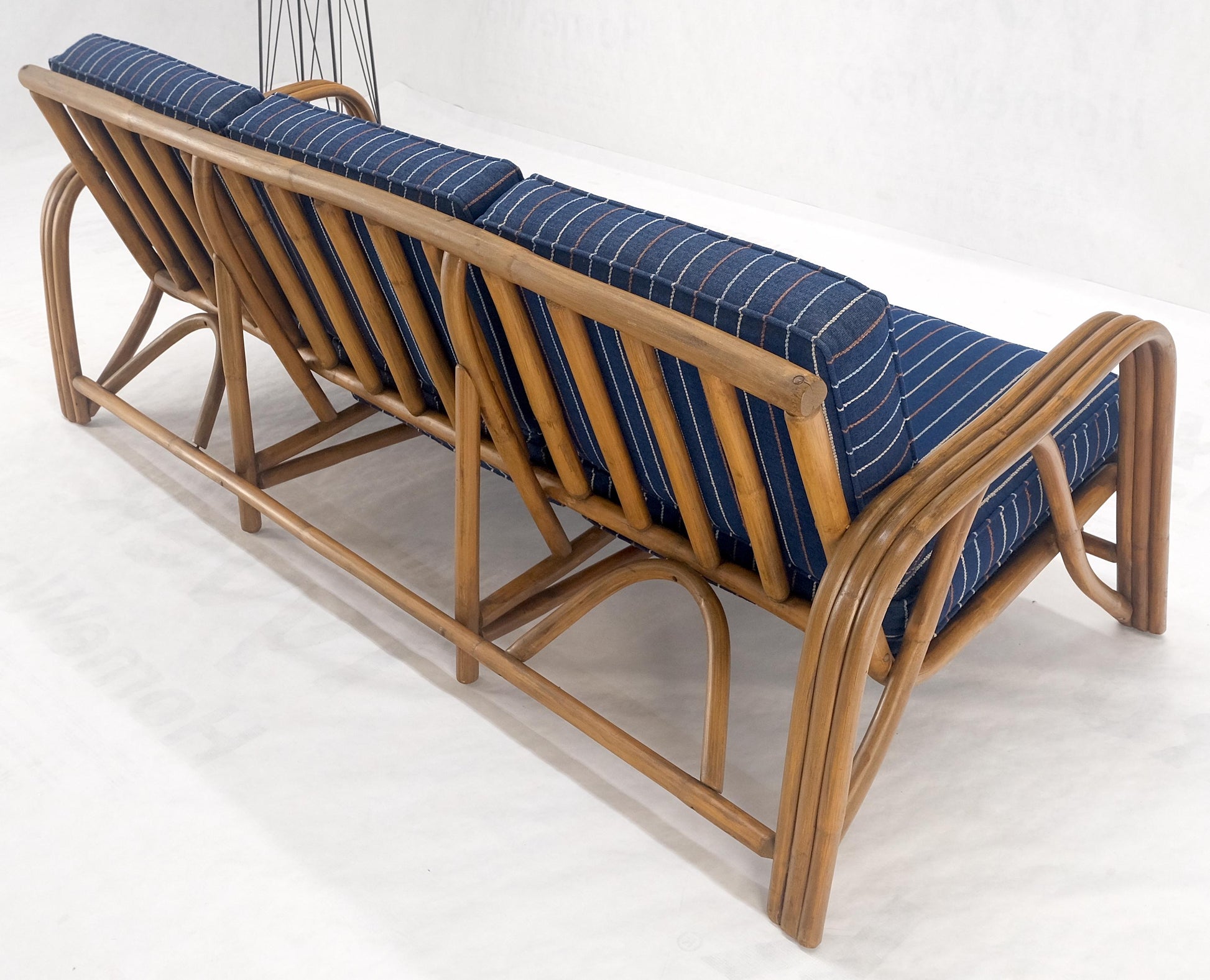 EstablishedLines 1970s Striped Blue Upholstery Bamboo Frame Mid Century Modern Sofa MINT!