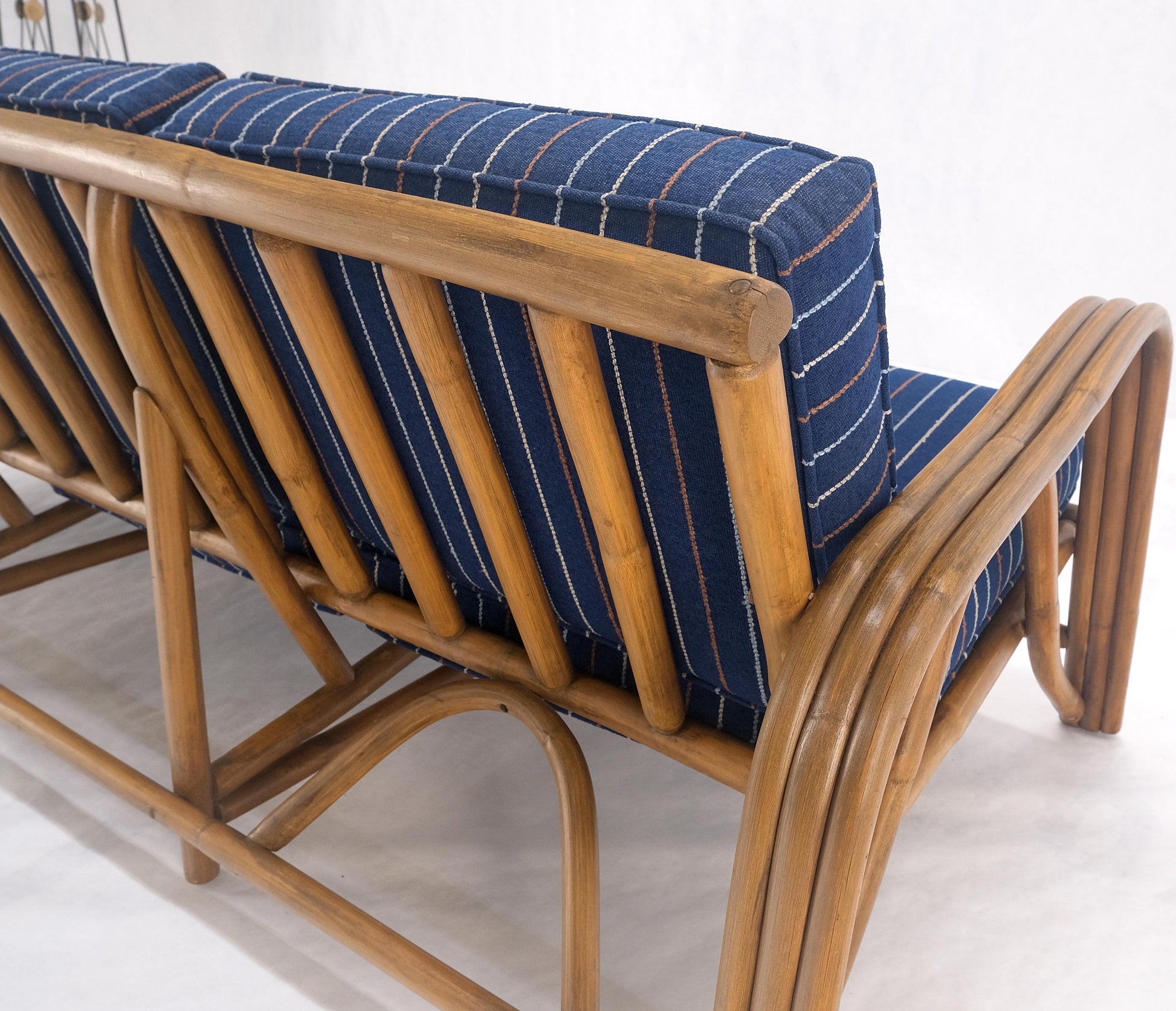 EstablishedLines 1970s Striped Blue Upholstery Bamboo Frame Mid Century Modern Sofa MINT!