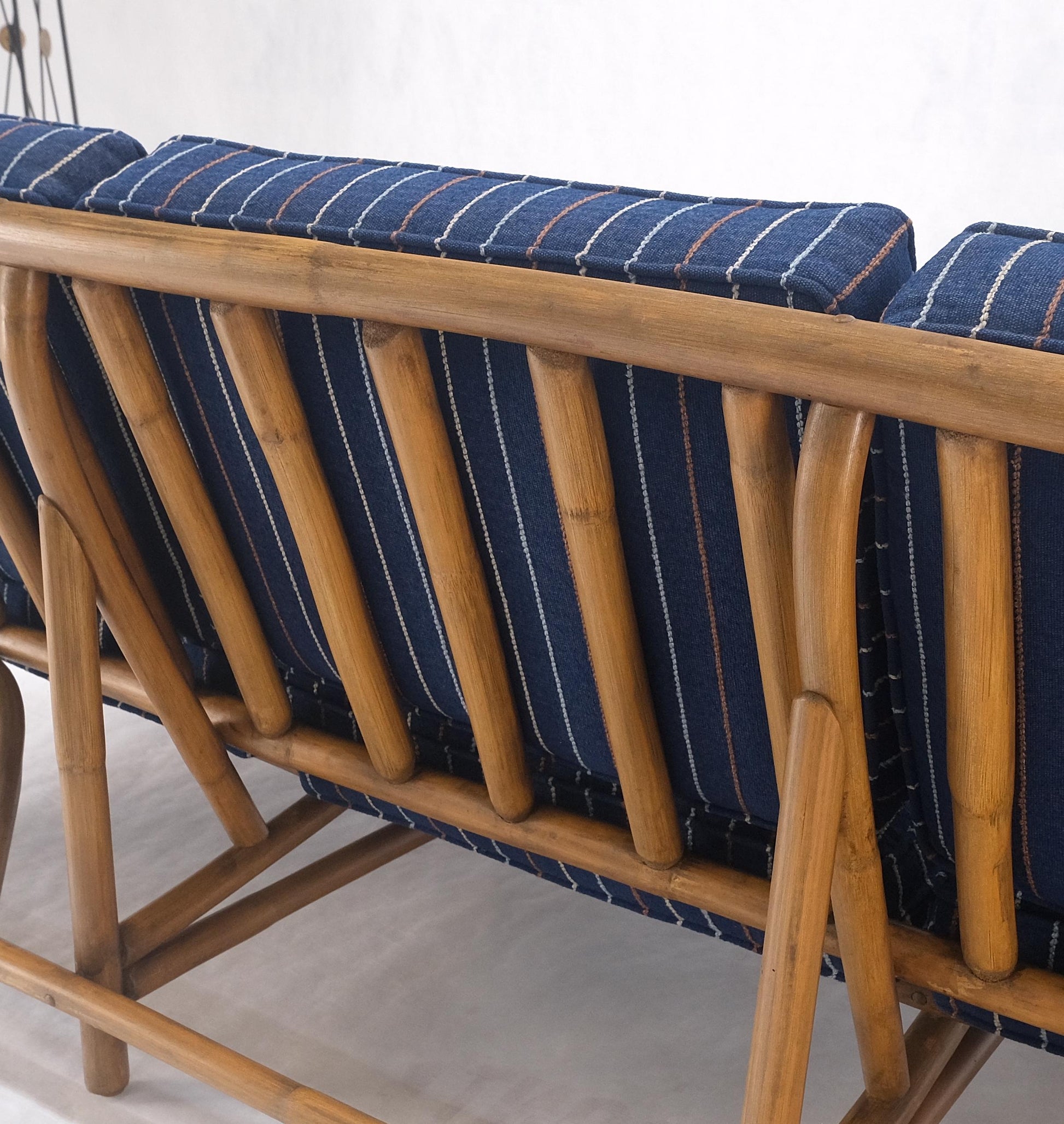 EstablishedLines 1970s Striped Blue Upholstery Bamboo Frame Mid Century Modern Sofa MINT!