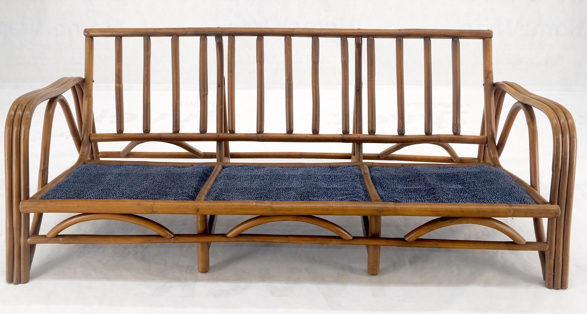 EstablishedLines 1970s Striped Blue Upholstery Bamboo Frame Mid Century Modern Sofa MINT!