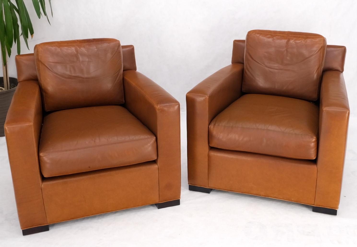EstablishedLines Pair of Brown Tan Leather Lounge Chairs by Coach