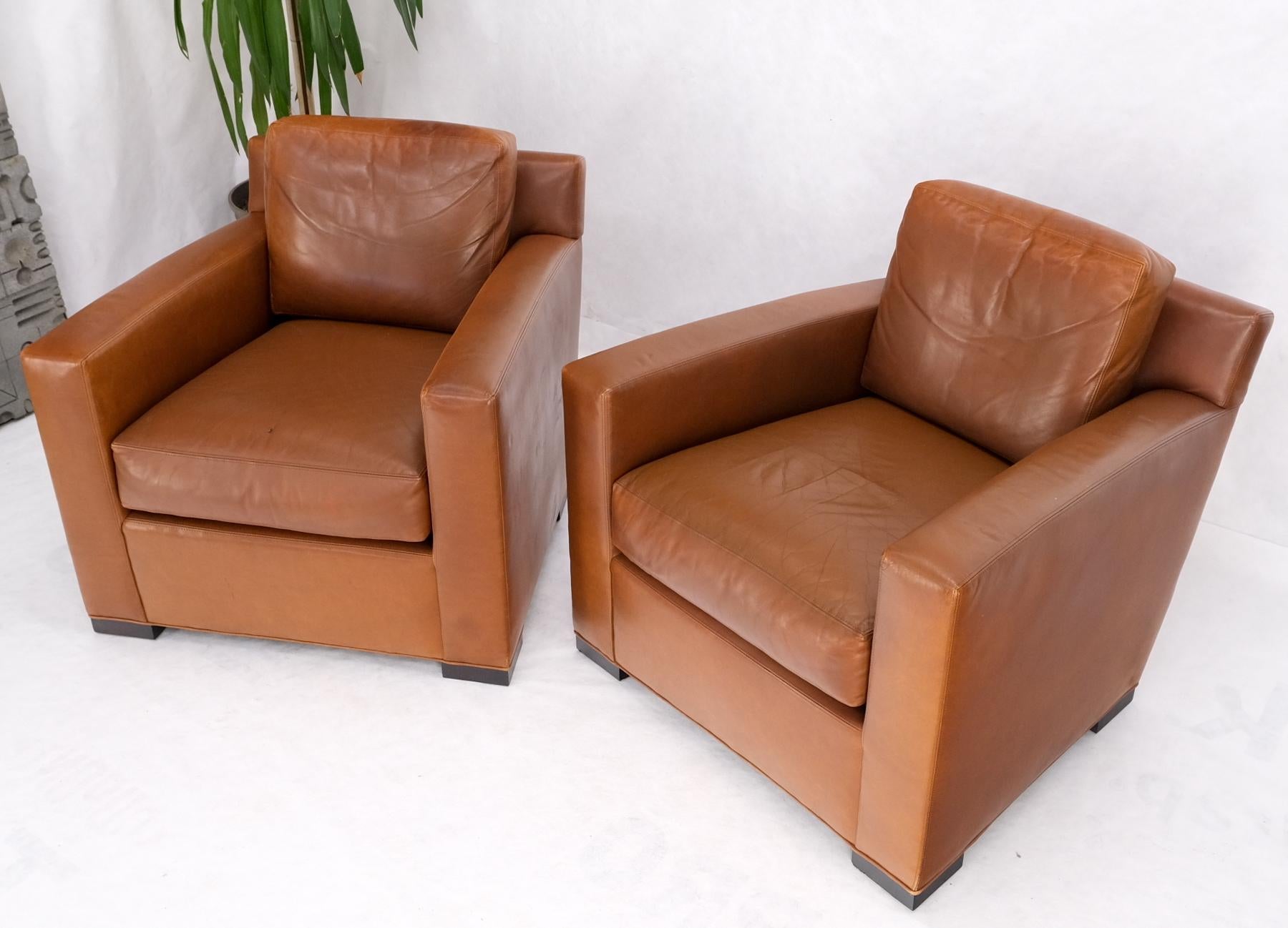 EstablishedLines Pair of Brown Tan Leather Lounge Chairs by Coach