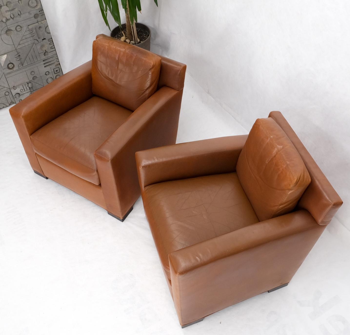 EstablishedLines Pair of Brown Tan Leather Lounge Chairs by Coach