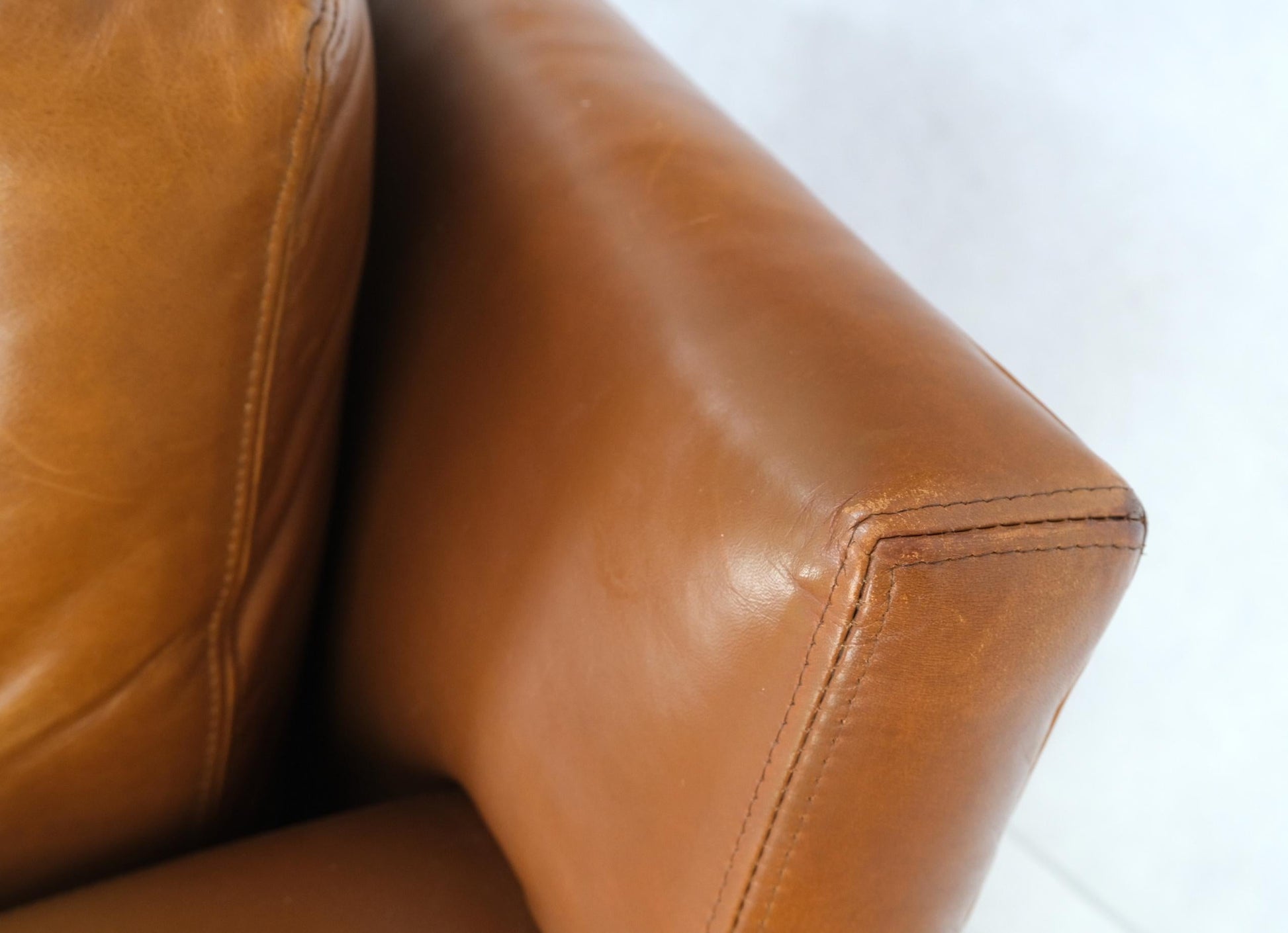 EstablishedLines Pair of Brown Tan Leather Lounge Chairs by Coach