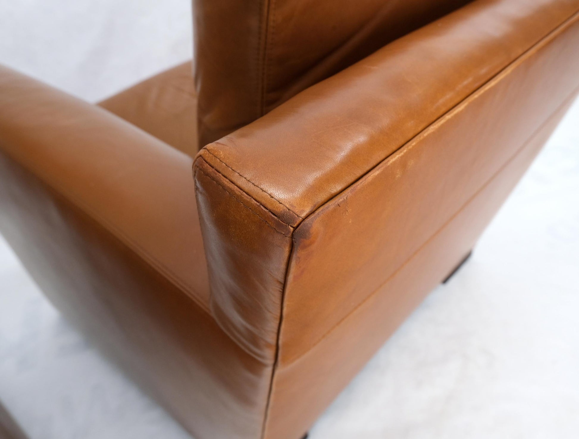 EstablishedLines Pair of Brown Tan Leather Lounge Chairs by Coach