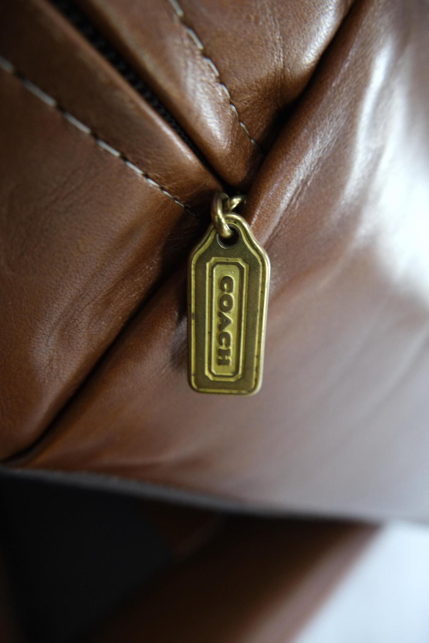 EstablishedLines Pair of Brown Tan Leather Lounge Chairs by Coach