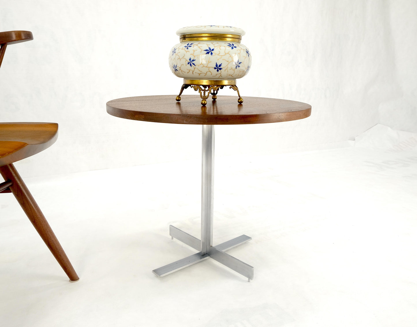 EstablishedLines Solid Walnut Round Top Brushed Machined Stainless Steel Base Side End Table Stan
