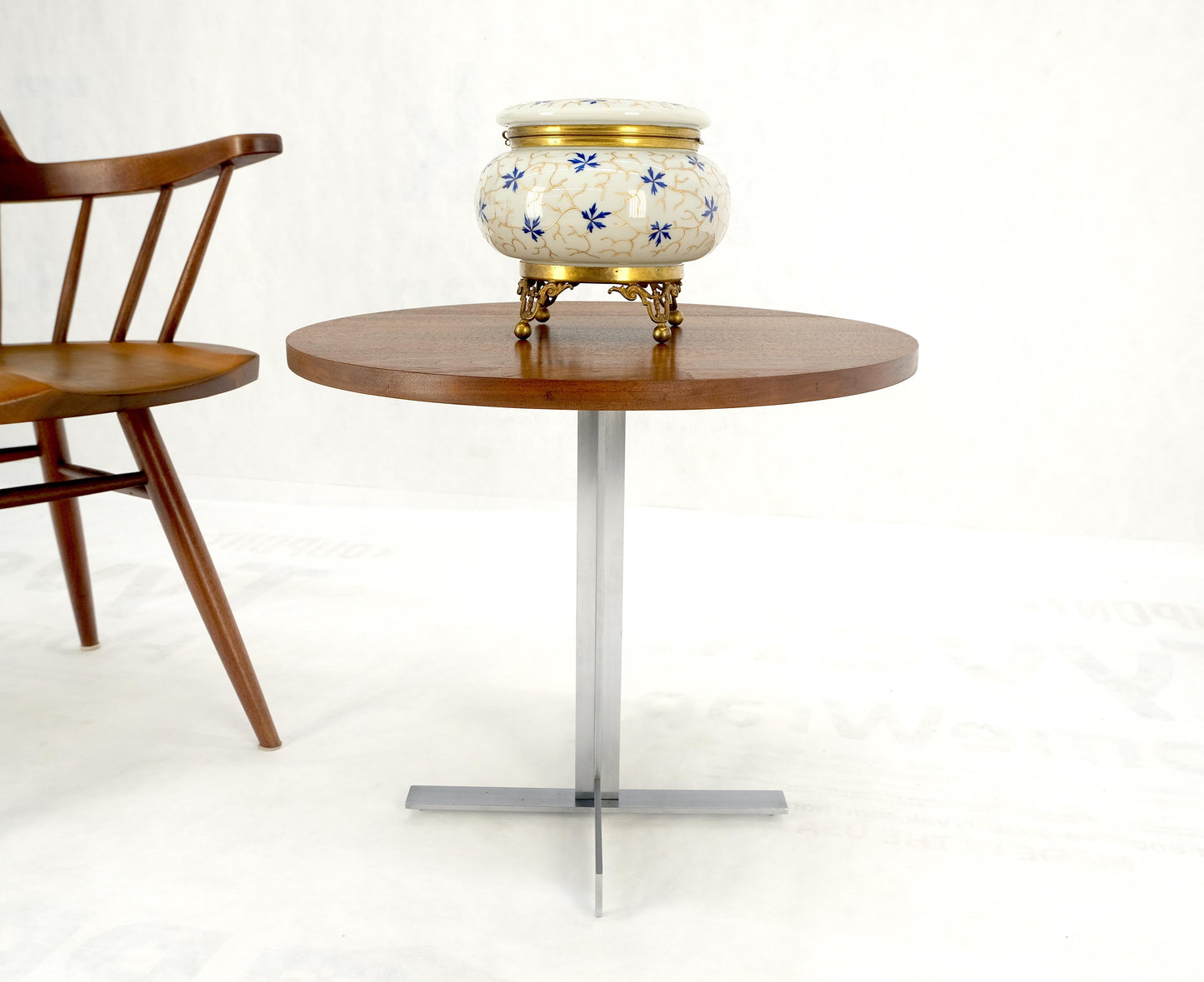 EstablishedLines Solid Walnut Round Top Brushed Machined Stainless Steel Base Side End Table Stan