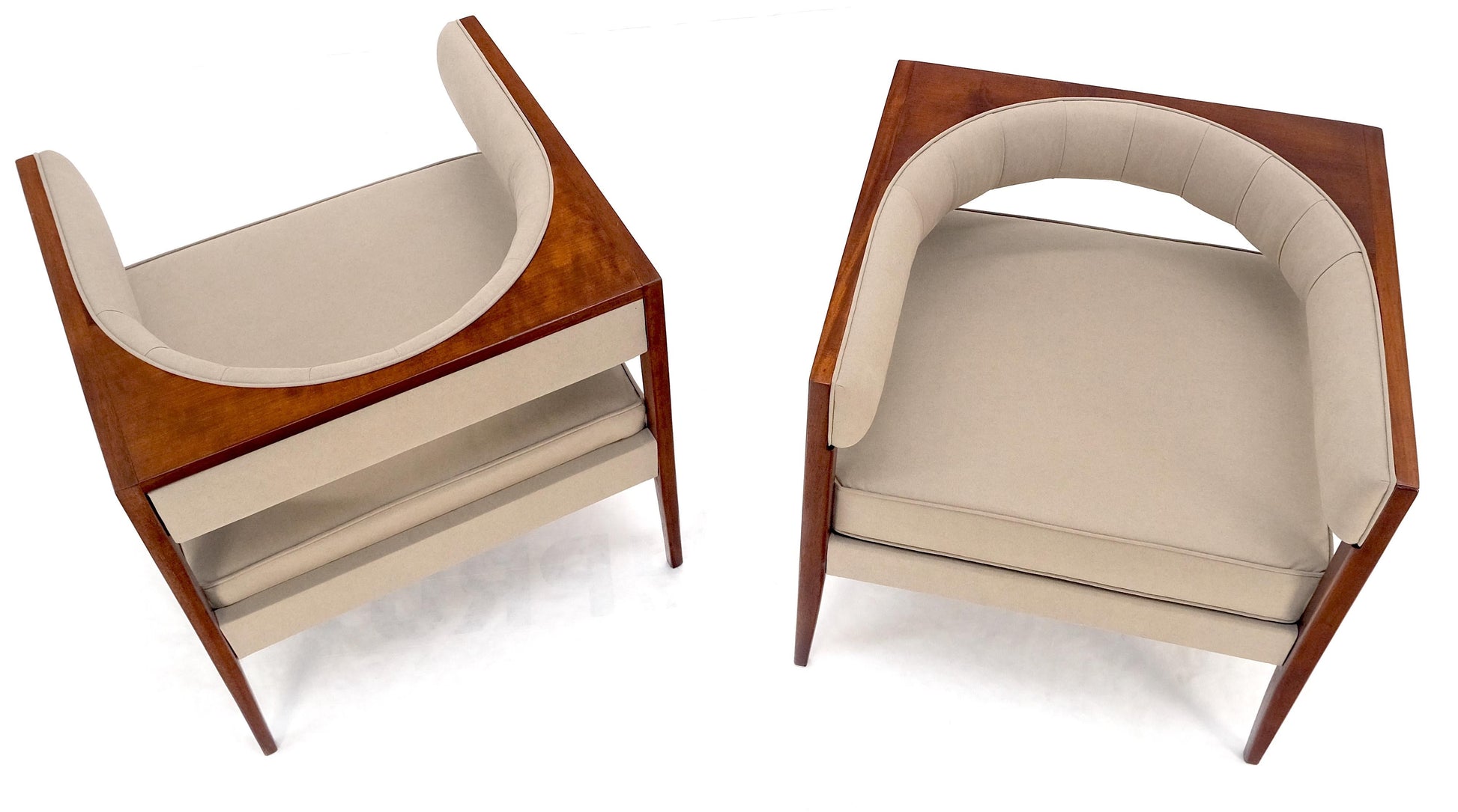 EstablishedLines Pair New Alcantera Upholstery Walnut Cube Shape Barrel Back Lounge Chairs MINT!