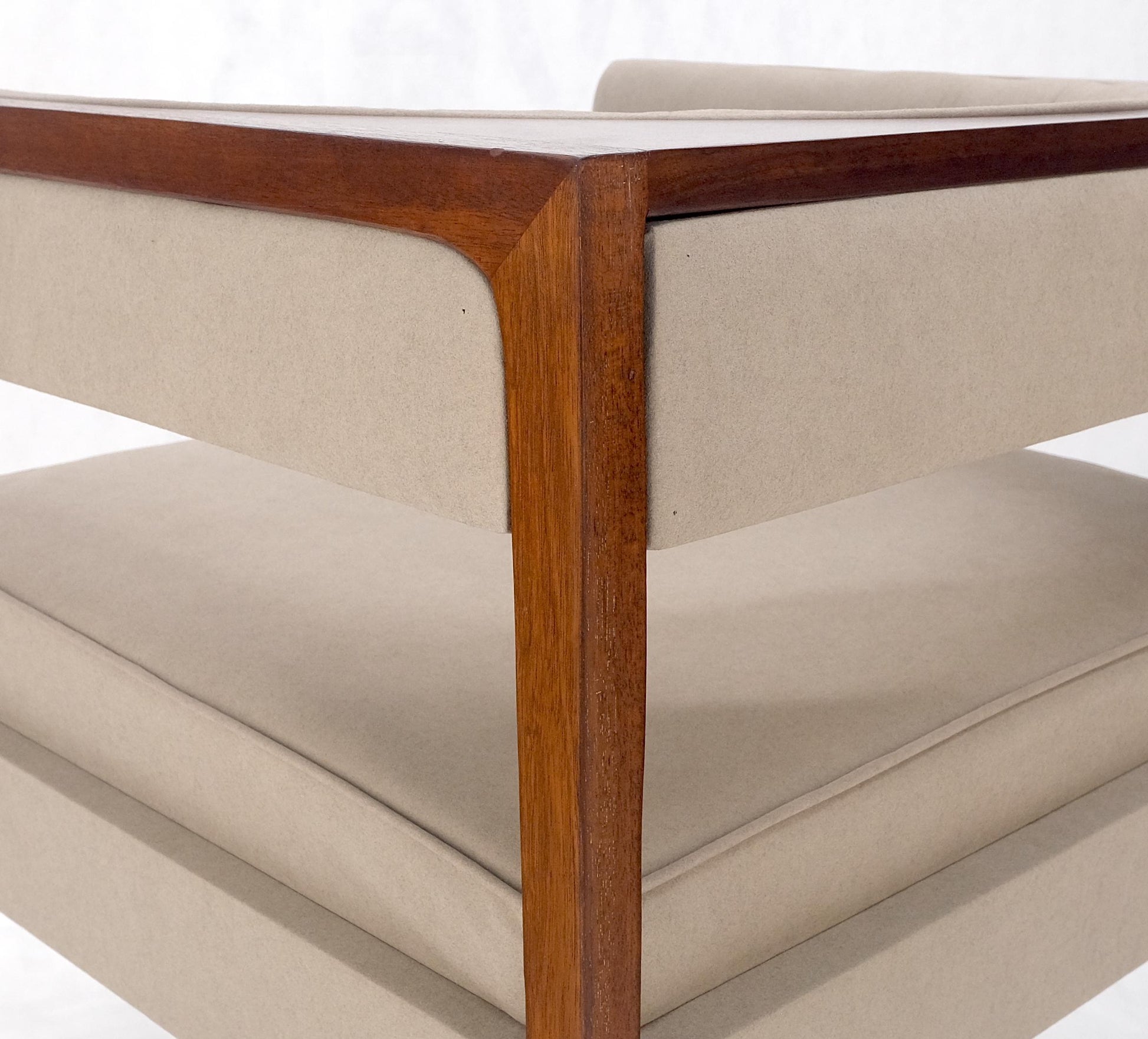 EstablishedLines Pair New Alcantera Upholstery Walnut Cube Shape Barrel Back Lounge Chairs MINT!