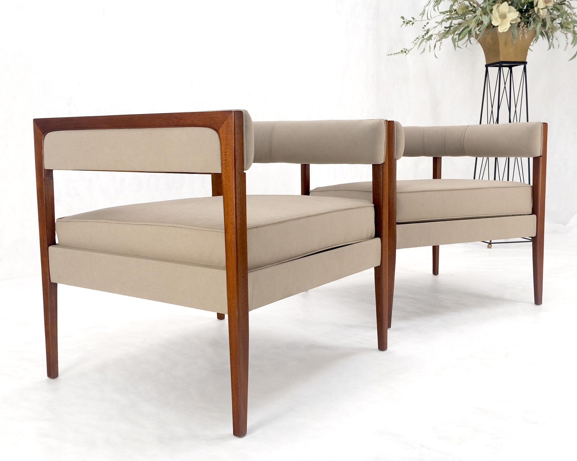 EstablishedLines Pair New Alcantera Upholstery Walnut Cube Shape Barrel Back Lounge Chairs MINT!