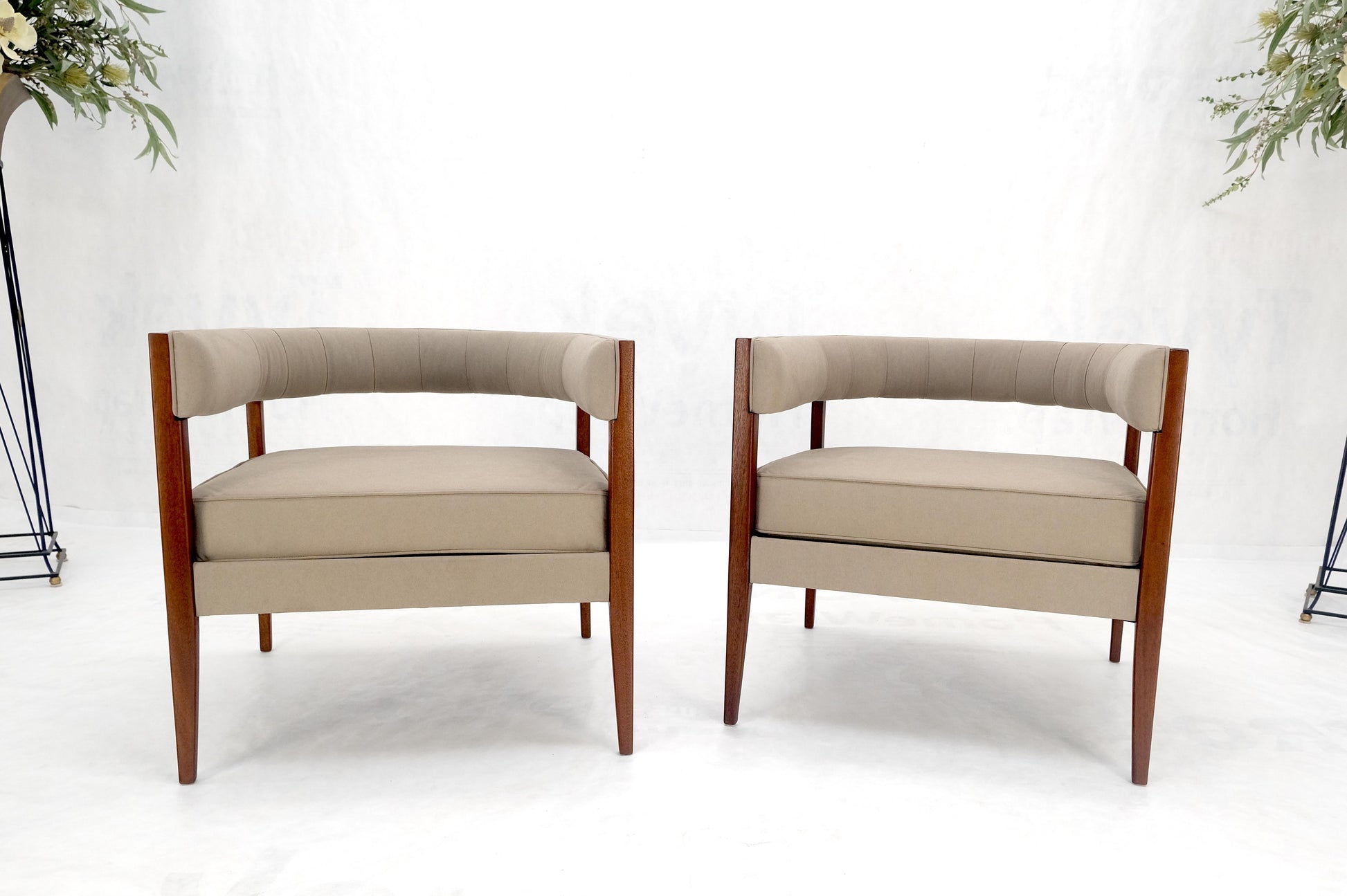 EstablishedLines Pair New Alcantera Upholstery Walnut Cube Shape Barrel Back Lounge Chairs MINT!