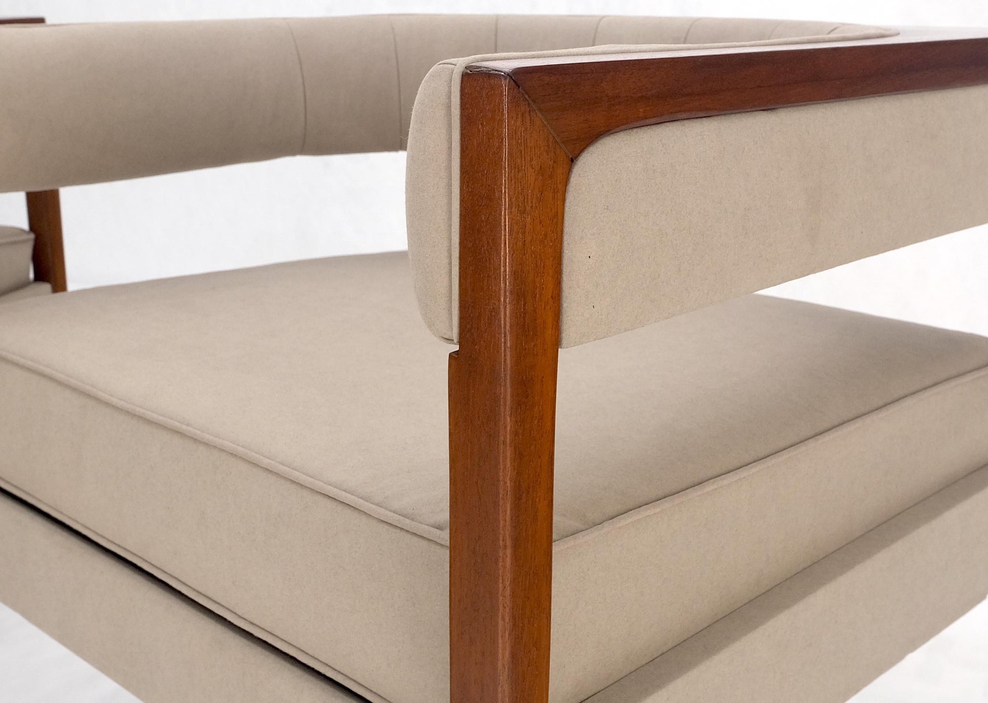 EstablishedLines Pair New Alcantera Upholstery Walnut Cube Shape Barrel Back Lounge Chairs MINT!