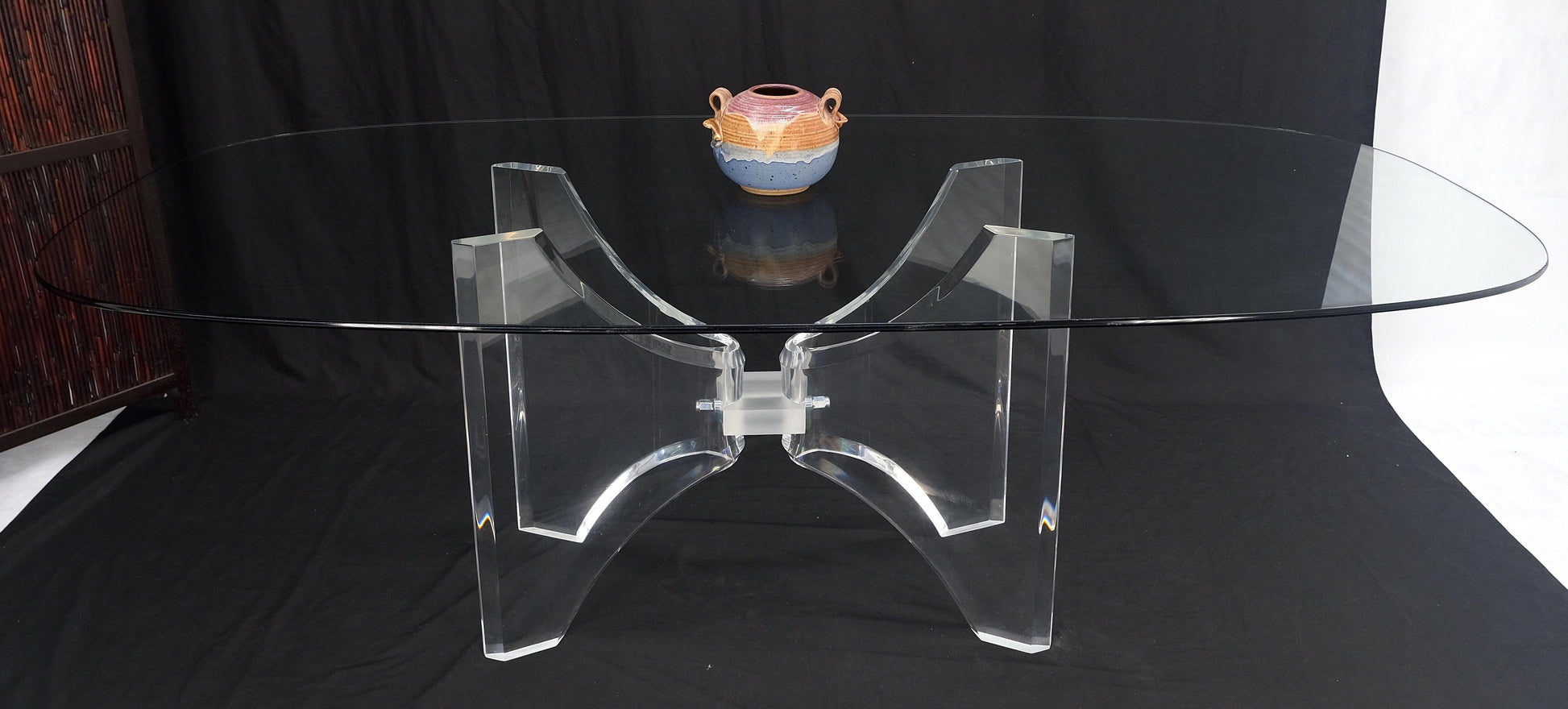 EstablishedLines Oval Boat Shape Glass Top Butterfly Lucite Base 88" Long Dining Conference Table