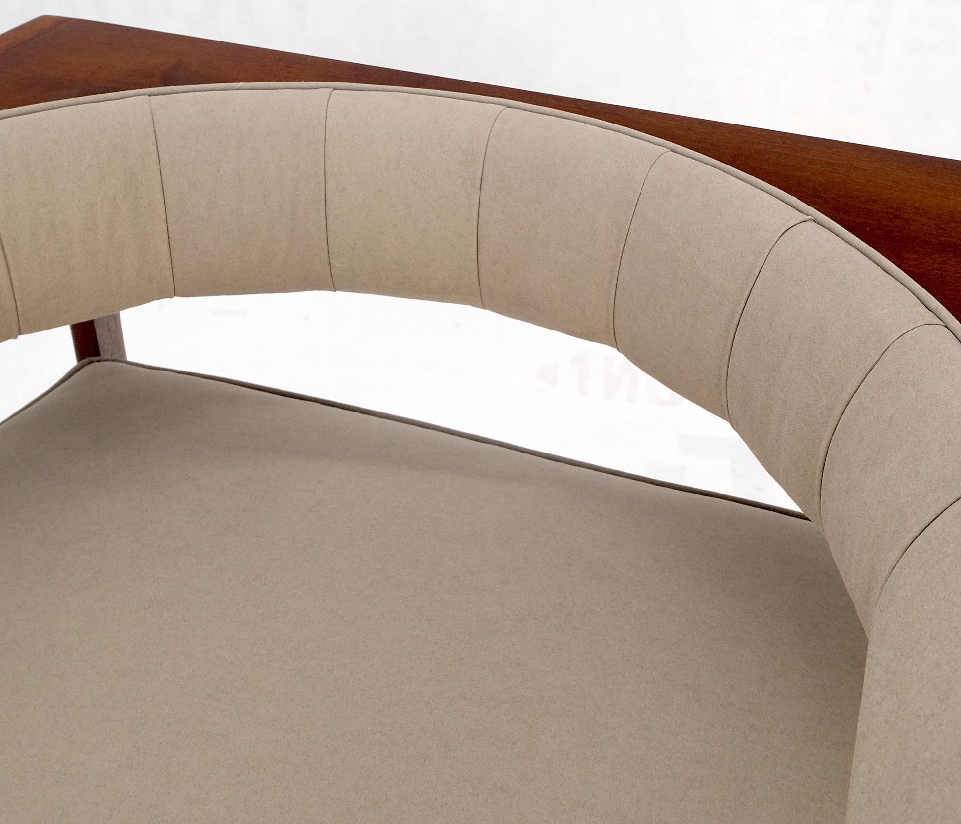 EstablishedLines Pair New Alcantera Upholstery Walnut Cube Shape Barrel Back Lounge Chairs MINT!