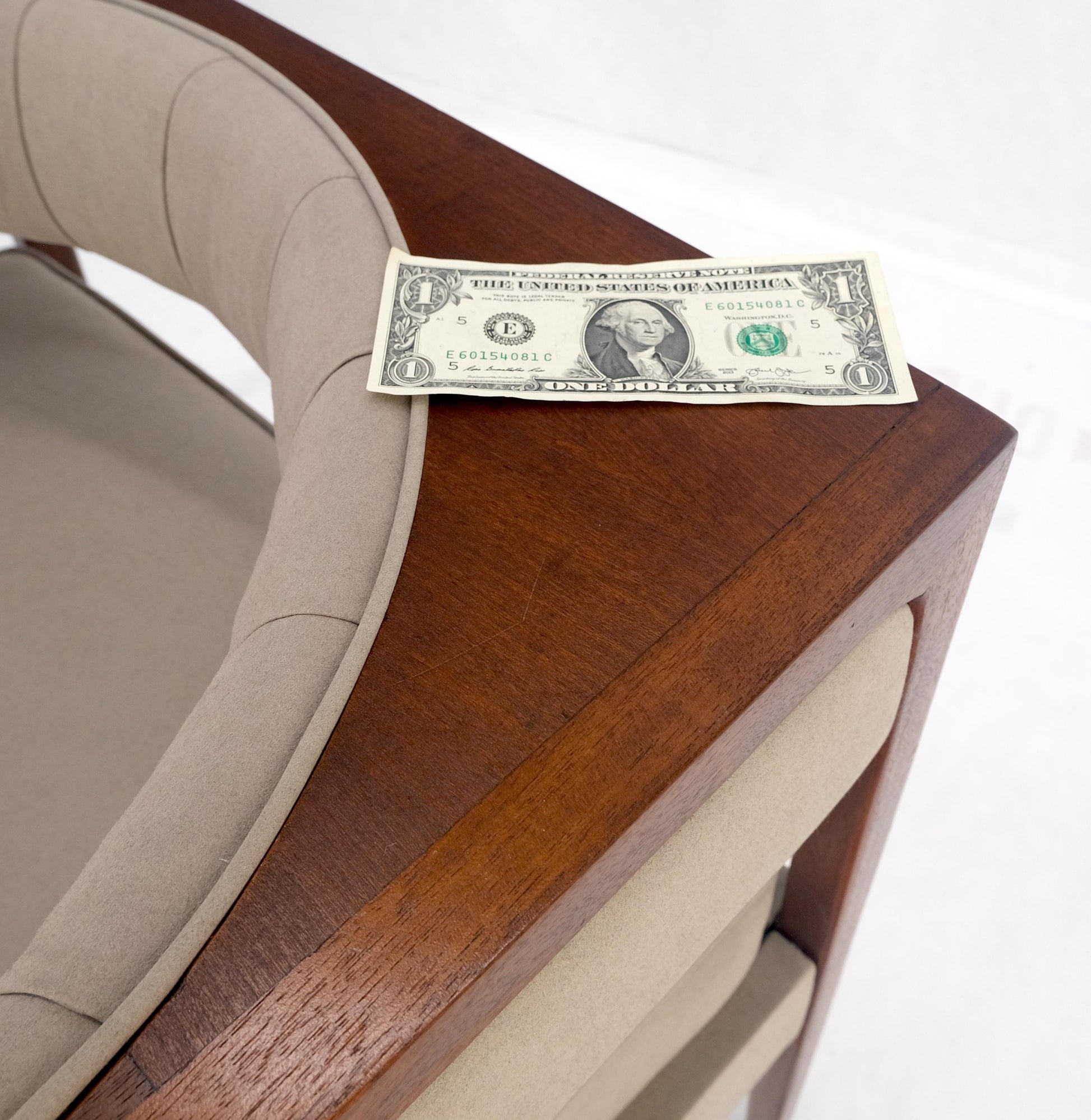 EstablishedLines Pair New Alcantera Upholstery Walnut Cube Shape Barrel Back Lounge Chairs MINT!