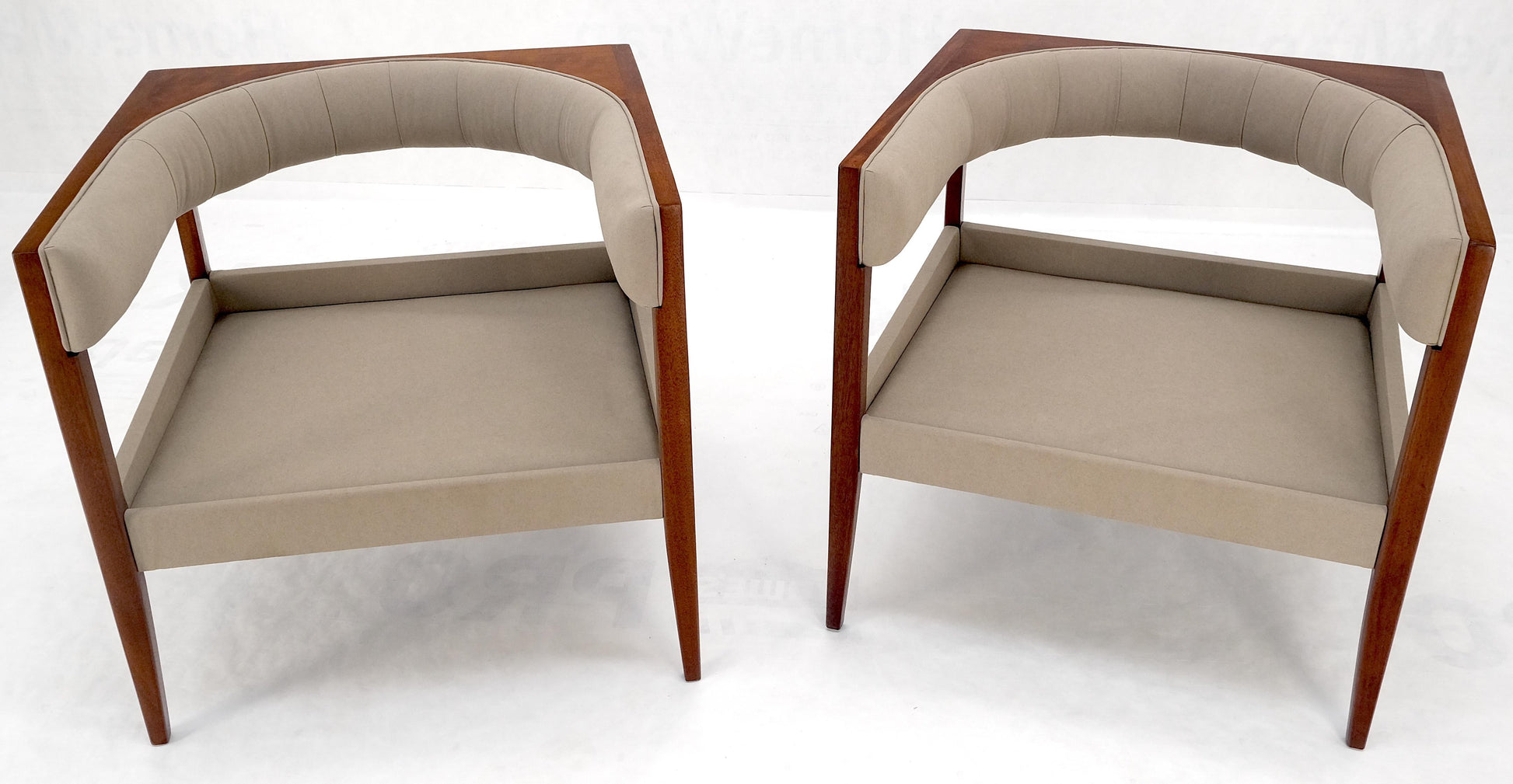 EstablishedLines Pair New Alcantera Upholstery Walnut Cube Shape Barrel Back Lounge Chairs MINT!