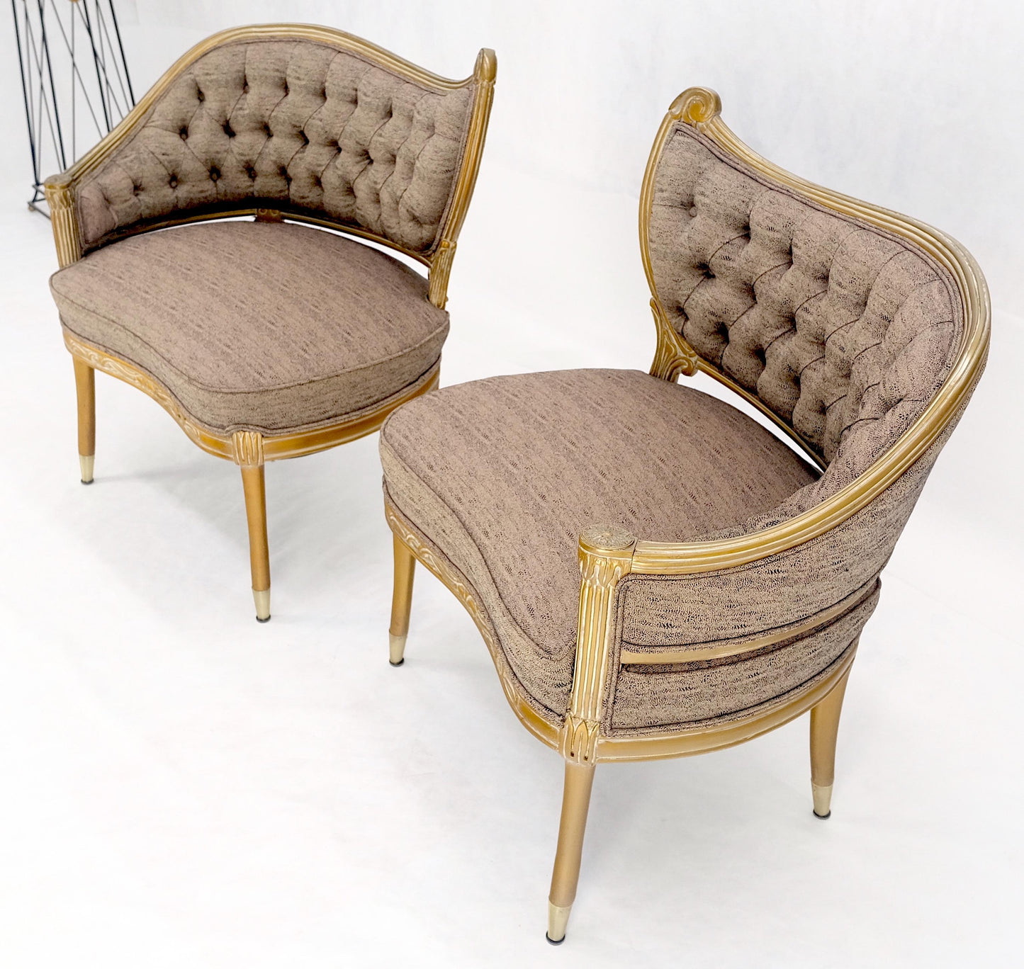 EstablishedLines Pair Gold Gilt Carved Frame New Upholstery Tufted Back Fire Side Lounge Chairs