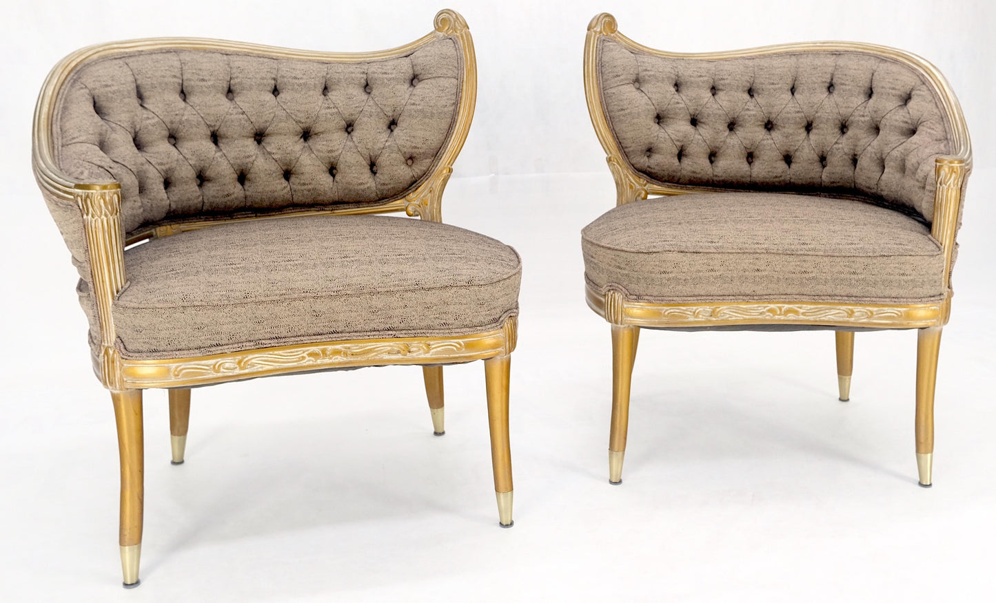 EstablishedLines Pair Gold Gilt Carved Frame New Upholstery Tufted Back Fire Side Lounge Chairs
