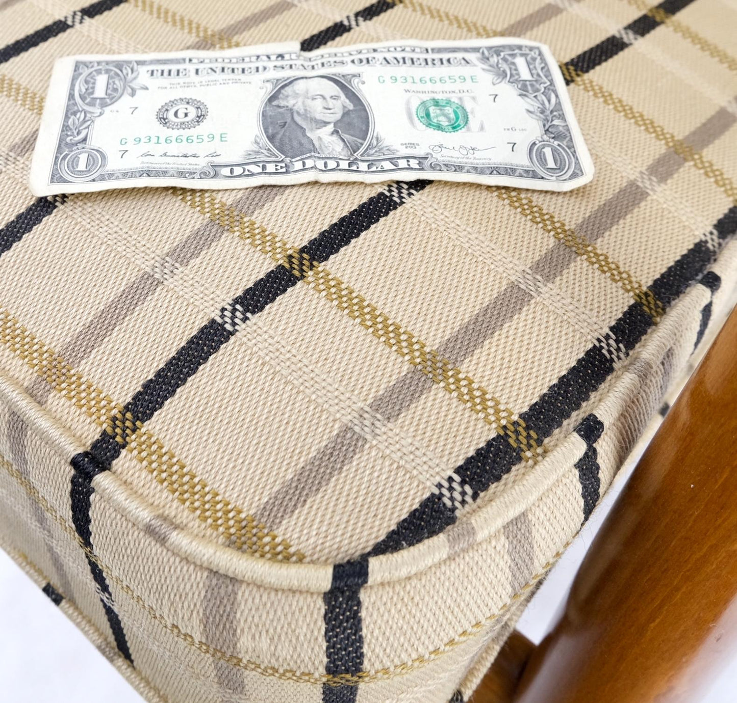 EstablishedLines John Stuart Mid Century Danish Modern Plaid Pattern Upholstery Teak Lounge Chair