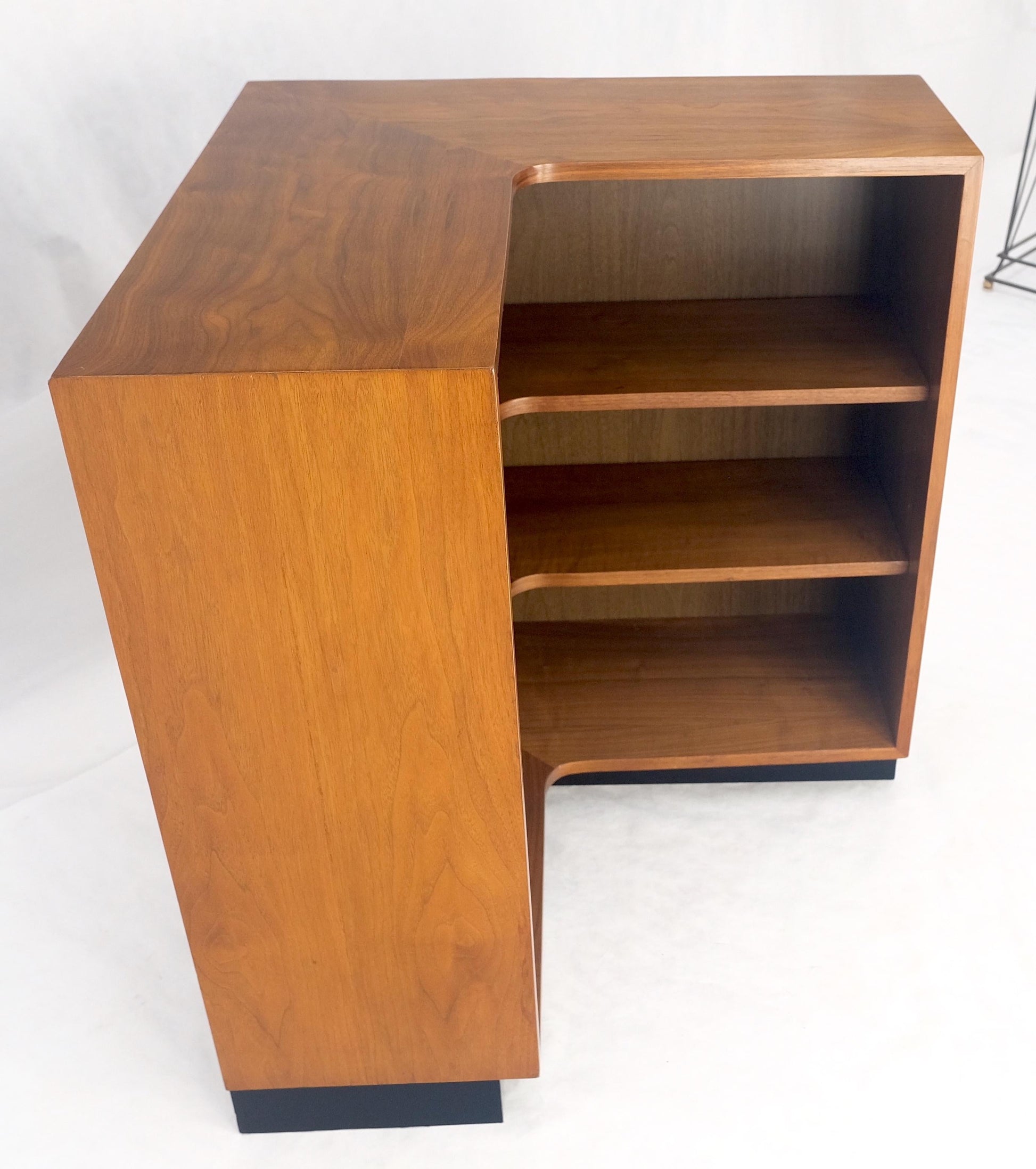 EstablishedLines Oiled Walnut Mid Century Modern Back Plinth Base 3 Tier Bookcase Shelves Cabinet