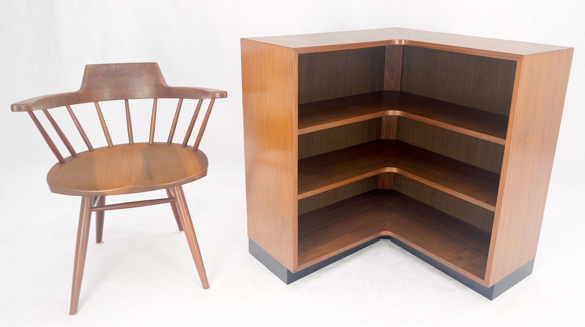 EstablishedLines Oiled Walnut Mid Century Modern Back Plinth Base 3 Tier Bookcase Shelves Cabinet