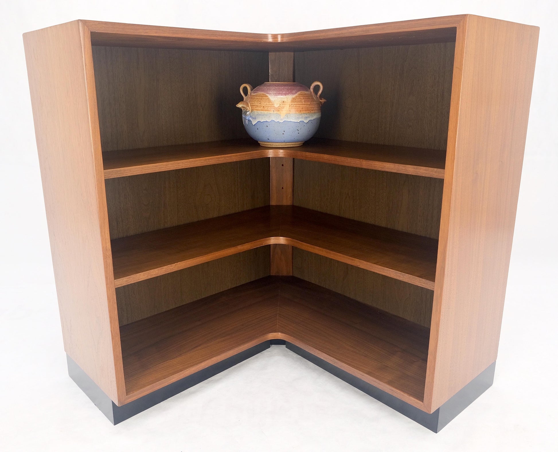 EstablishedLines Oiled Walnut Mid Century Modern Back Plinth Base 3 Tier Bookcase Shelves Cabinet