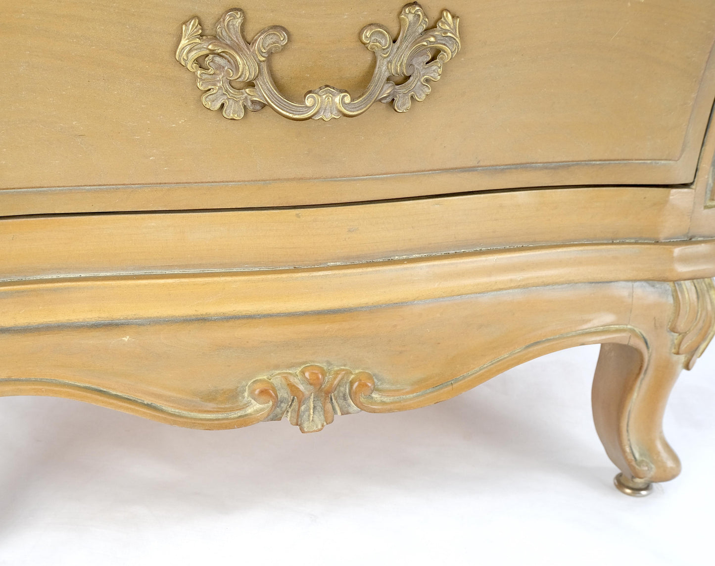EstablishedLines Pair Bombe White Wash Pickled Burl Wood Night Stands End Tables Brass Pulls Mint