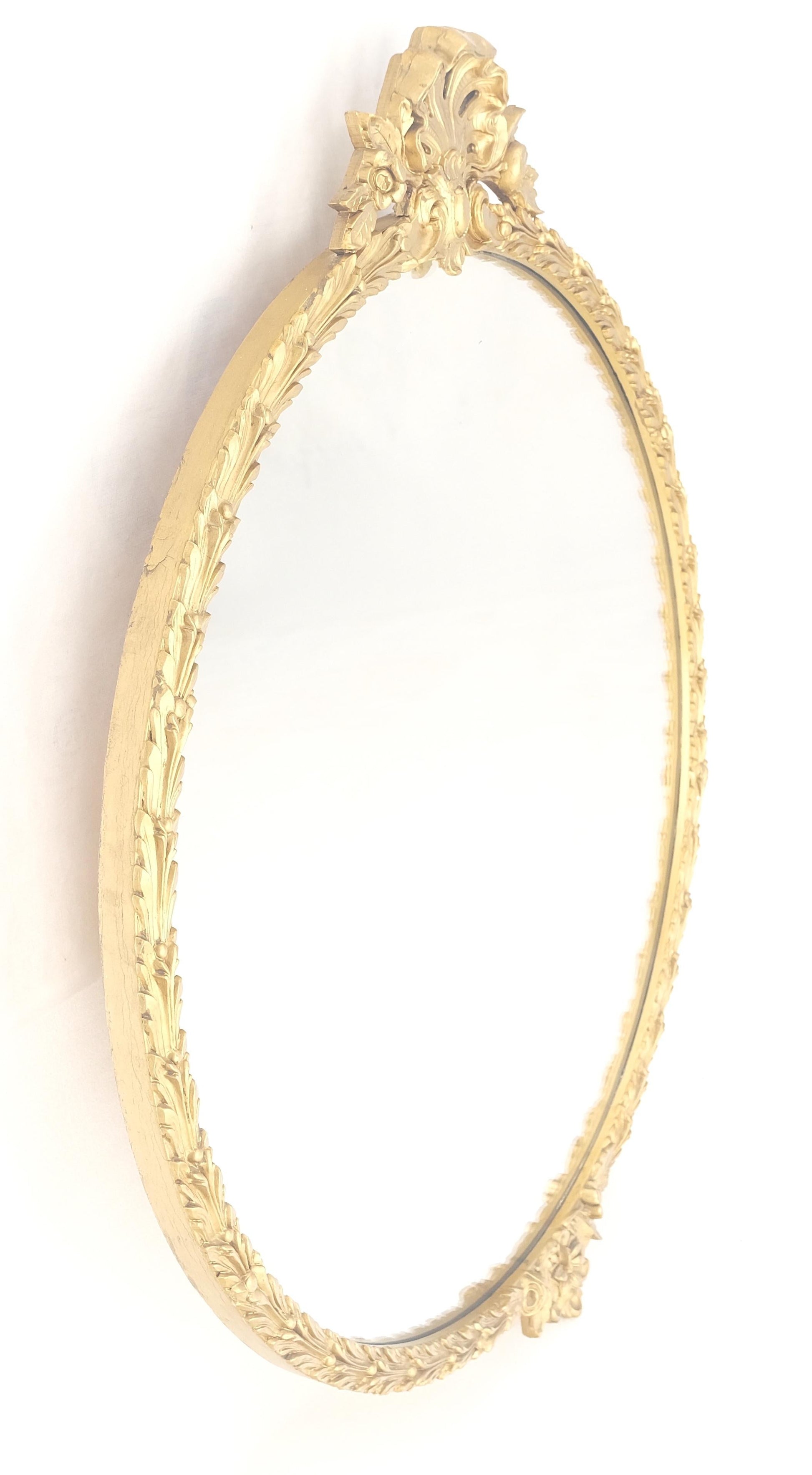 EstablishedLines Round Carved Gold Gilt Wood Floral Lotus Baroque Wall Mirror c1920s MINT