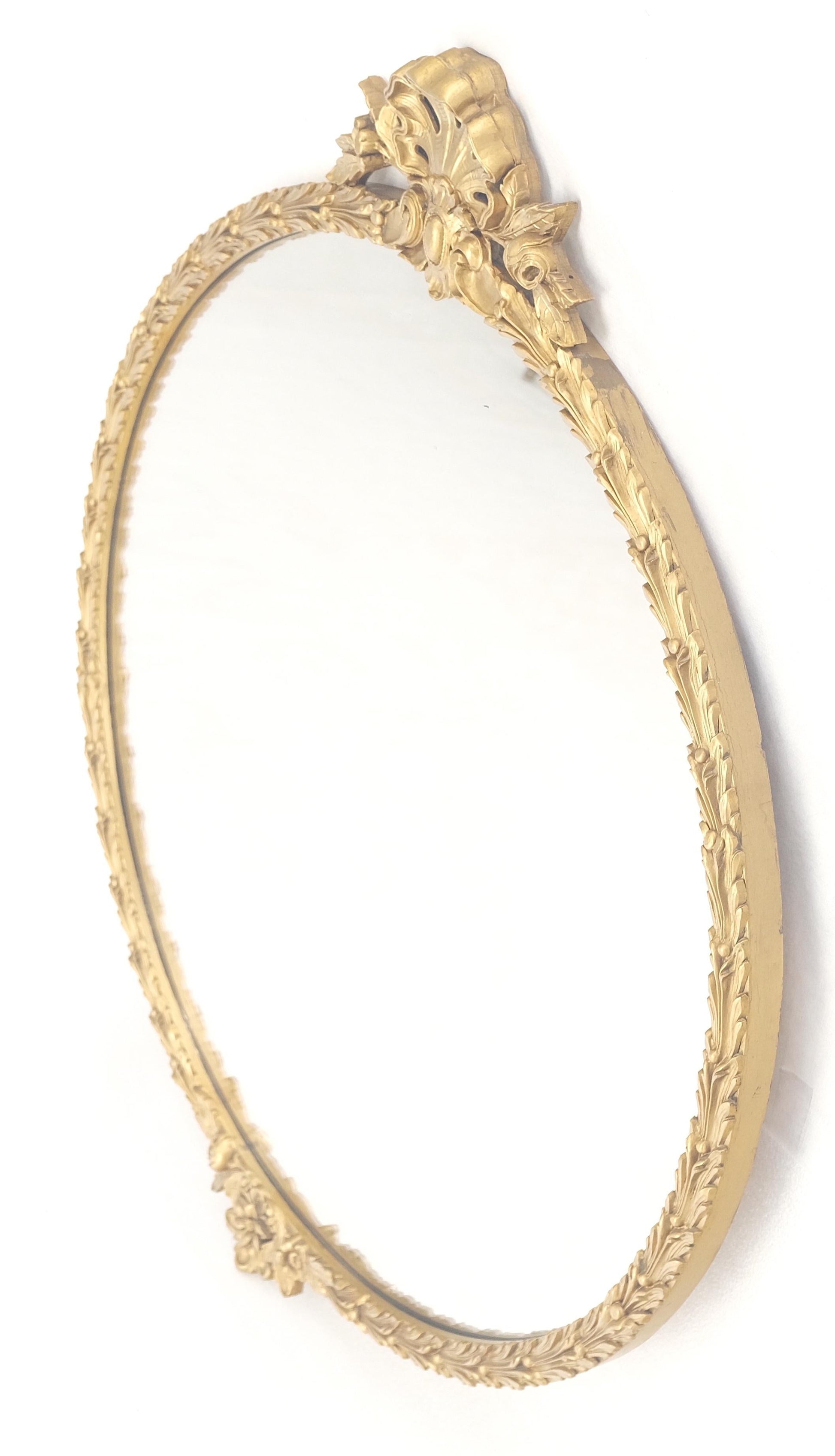 EstablishedLines Round Carved Gold Gilt Wood Floral Lotus Baroque Wall Mirror c1920s MINT